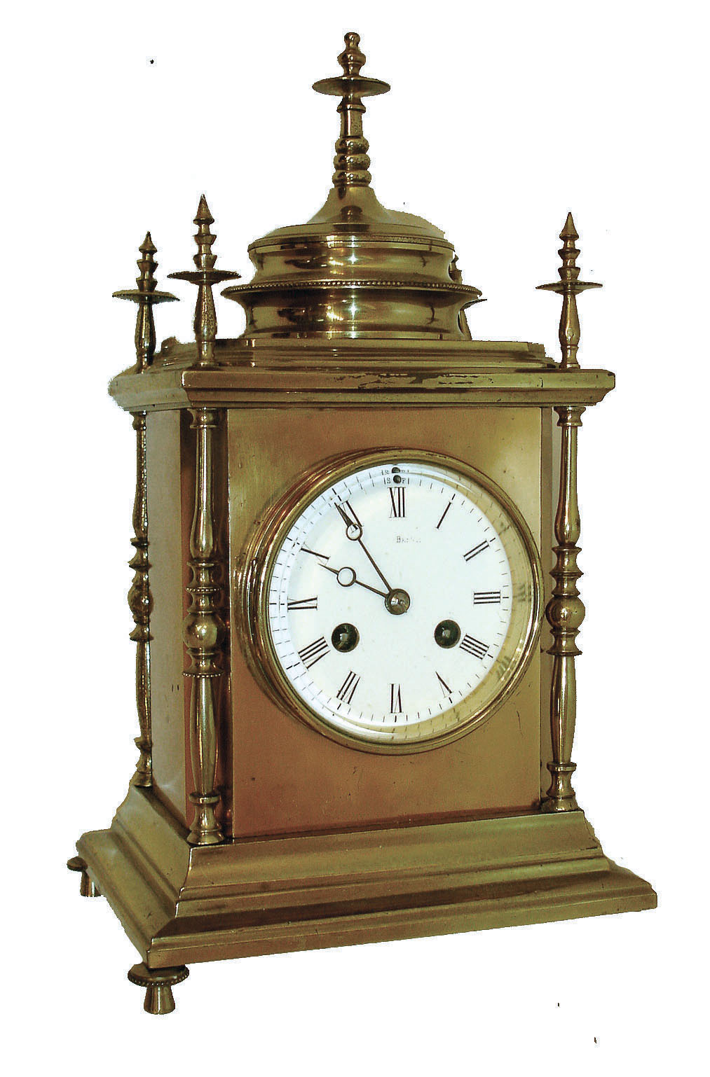 France, a polished brass desk clock of architectural form, with 4 free standing columns at the corners, a temple top and 5 finials, and an 8 days,bell strike movement, c1890 — Antique Clocks Price Guide