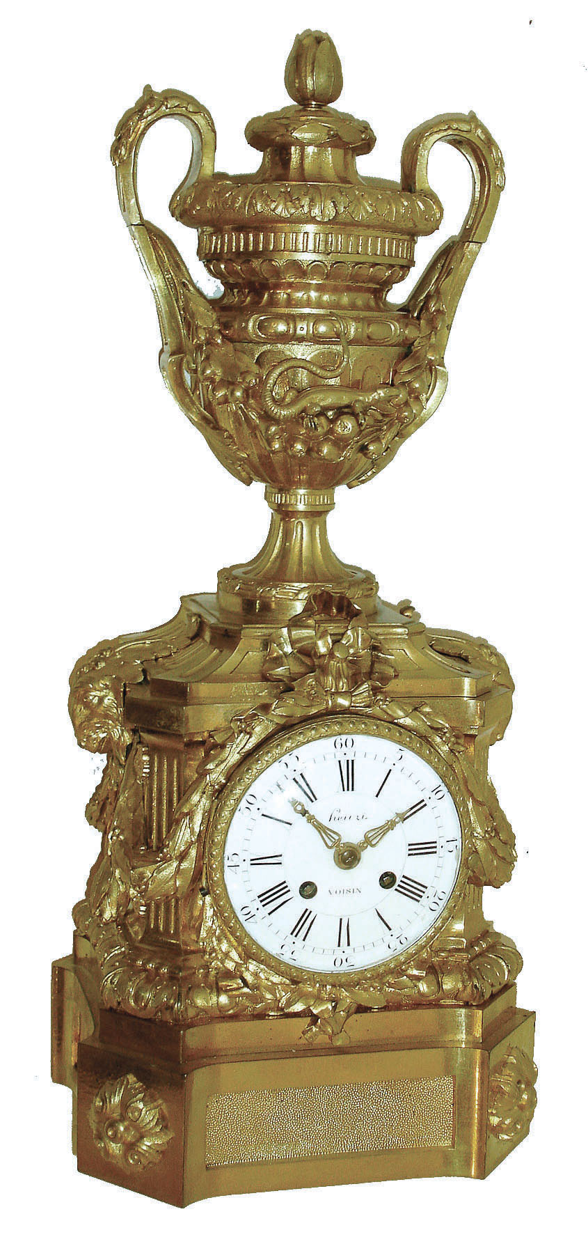 France, Houri, Voisin, large gilt bronze mantel clock, surmounted by a large, ornate, swagged urn, with conventional early Japy movement with silk thread suspension mounted in the base. This case is usually found with an orbital or rotating dial near the top of the urn, however, this model is original, as shown, c1840 — Antique Clocks Price Guide