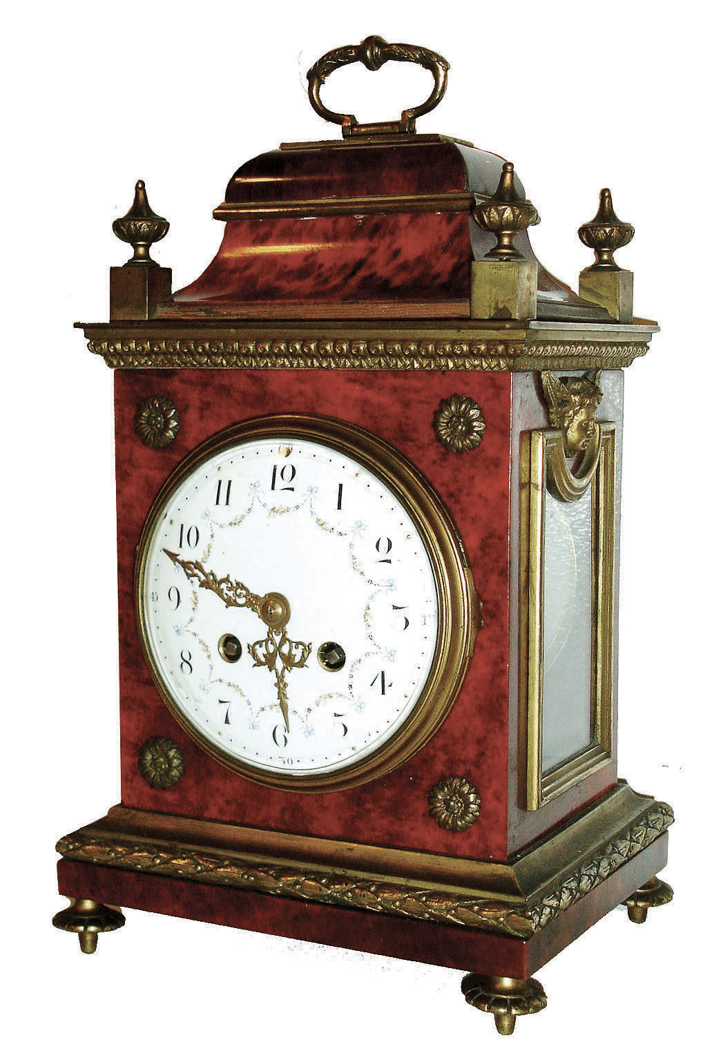 France, small bracket clock with red shell veneer, classis bell top case with ormolu accents, the base with round cast feet, and the porcelain dial with polychrome floral accents and embossed hands in the Louis XVI style, and the movement signed L Marti & Cie, and with award medallion for1889, c1890 — Antique Clocks Price Guide