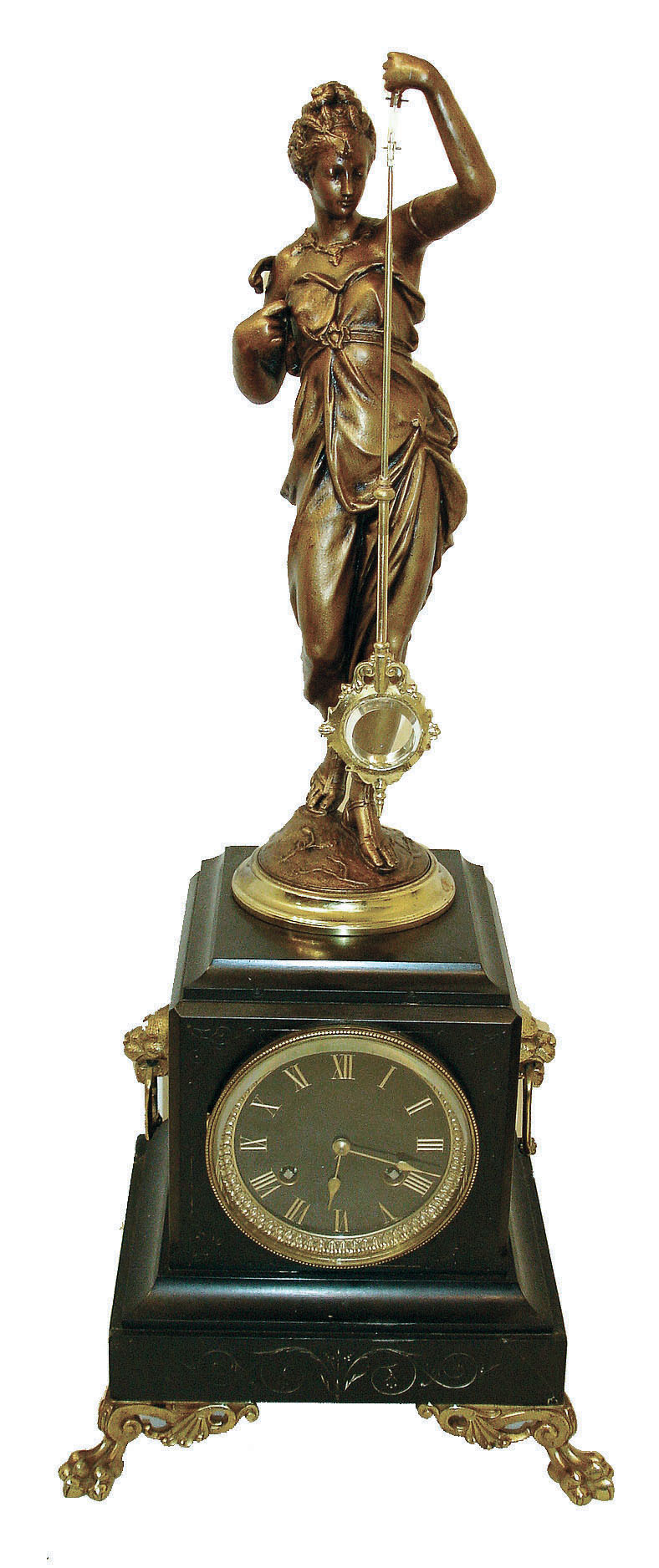 France, "Mystery" clock, the movement contained within the black marble base below, and with statue mounted to a central pivoting base, the pendulum suspended from the female's arm, and swinging without apparent impulse, c1880 — Antique Clocks Price Guide