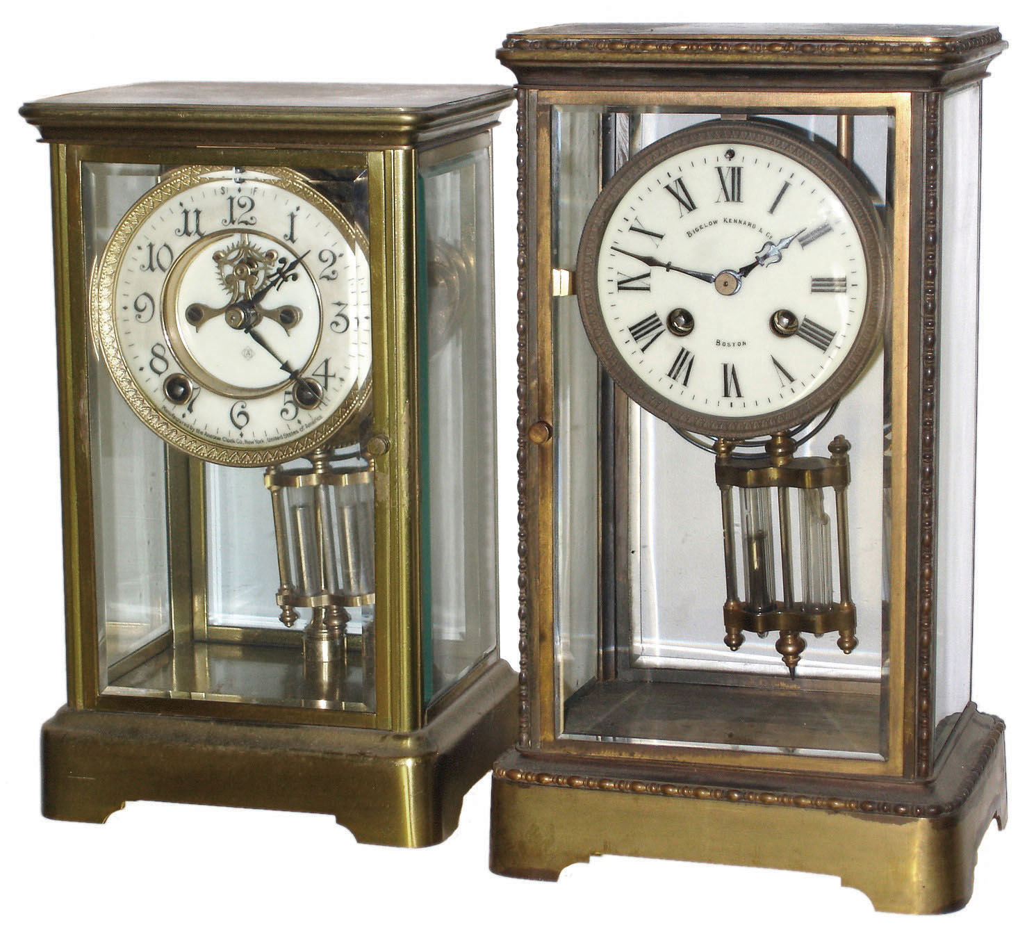 Clocks- 2 (Two) Crystal regulators 8 days, time and strike,,: Ansonia with visible escapement, c1910; French, Japy Freres, for Bigelow Kennard & Co., Boston; c1900 — Antique Clocks Price Guide