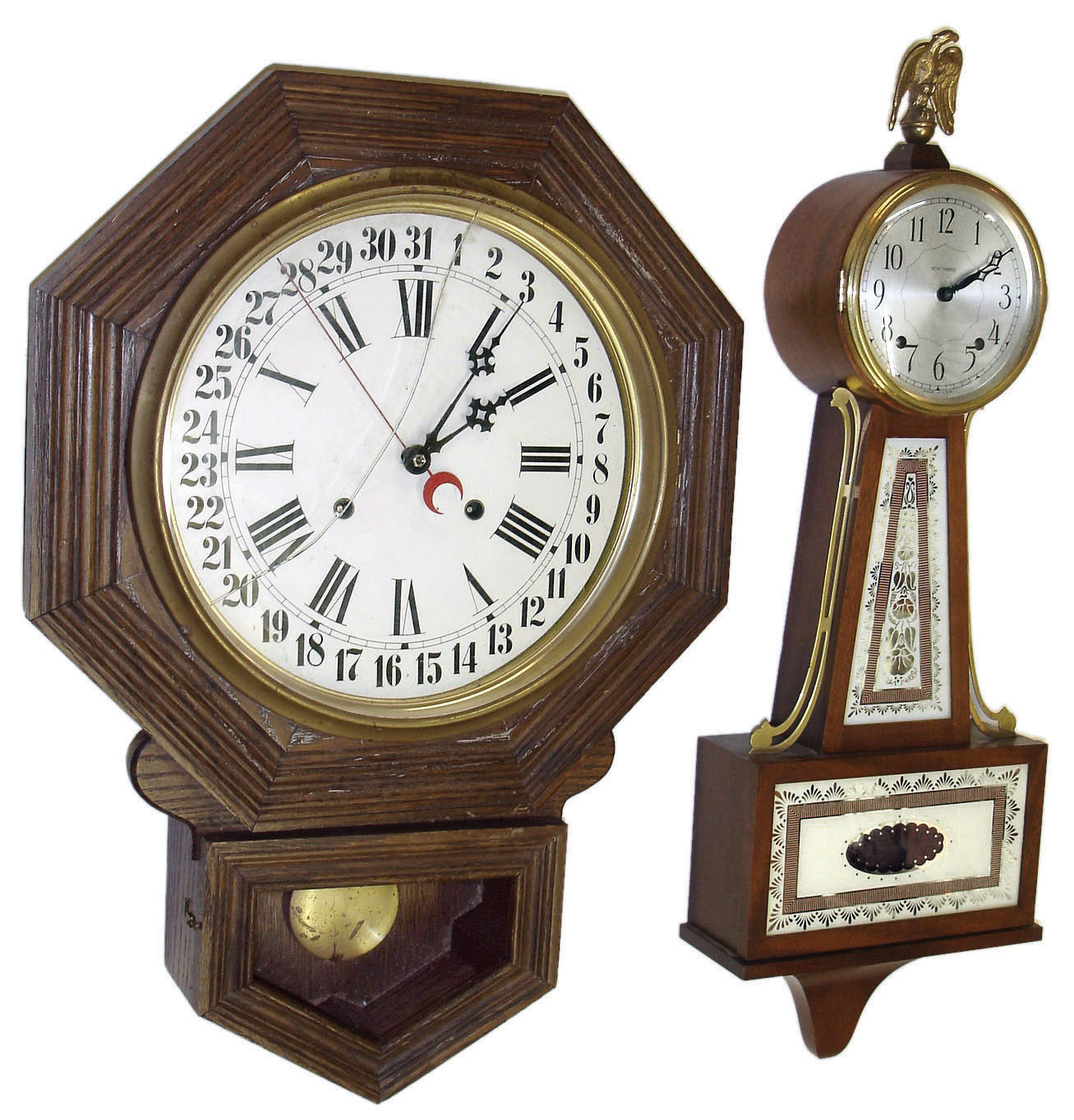 Clocks- 4 (Four) wall: Seth Thomas 1952 8 days, time and strike, banjo clock; Seth Thomas 1943 oak square-head time only; Linden stained wood school clock with newer quartz movement; oak school clock by H.T. Clockmakers, Inc., Farmingdale, NY — Antique Clocks Price Guide