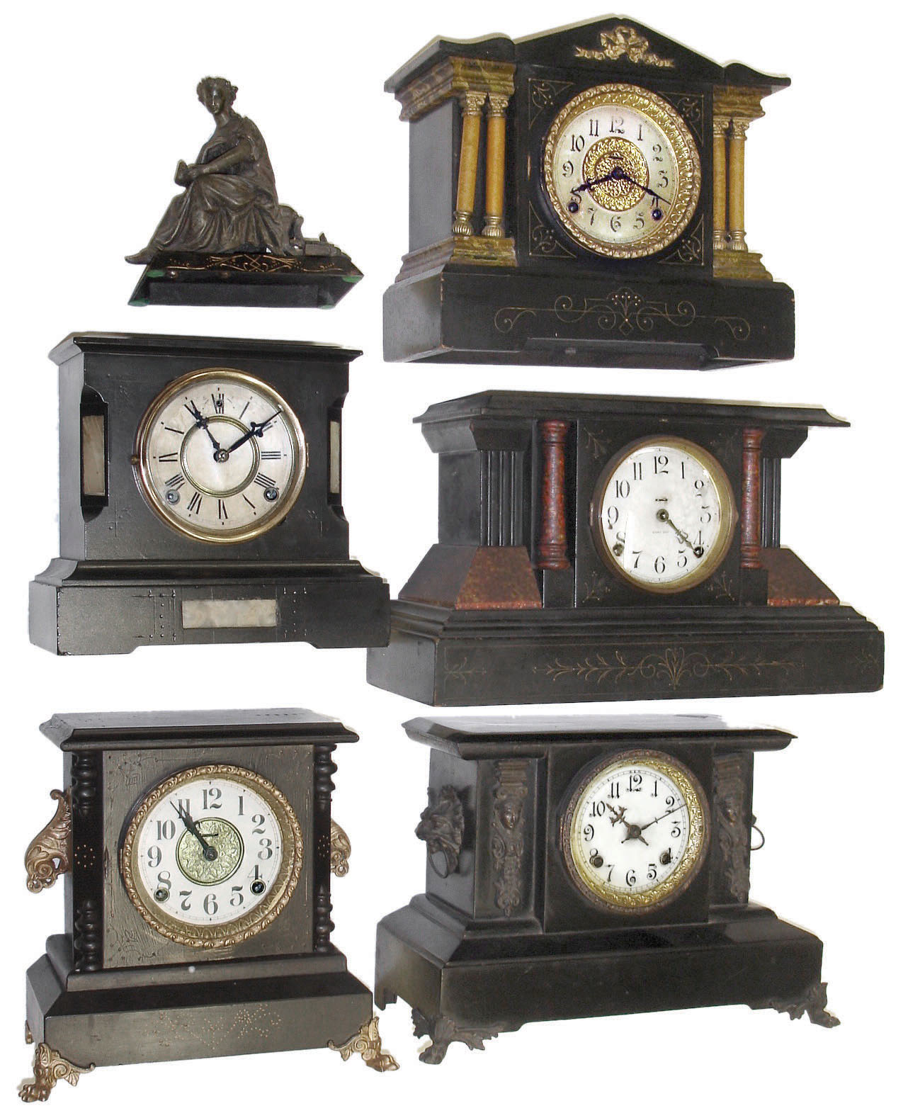 Clocks- 5 (Five) Black Mantel Connecticut 8 days, time and strike,, plus one figural top ornament: three Ingraham wood; New Haven iron; unsigned in stone case; late 19th century — Antique Clocks Price Guide
