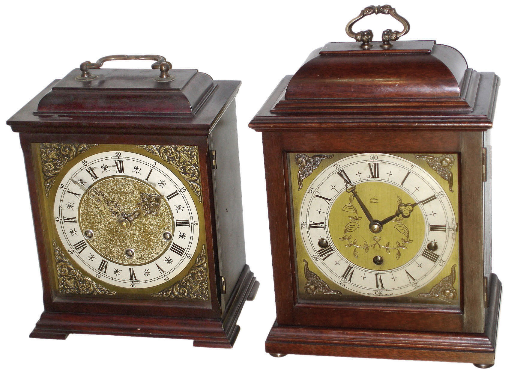 Clocks- 2 (Two) Bracket mahogany 8 day 3-train chiming, F.W. Elliott, Croyden (U.K.) 7 jewel dual chime dated 1953; Junghans mid-20th century German with pendulum — Antique Clocks Price Guide