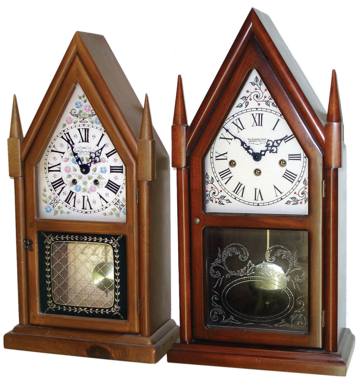 Clocks- 5 (Five) steeple: New England Clock Co., with Kieninger German triple-chime 8 day movement; Waterbury "Large Gothic V.P." 8 days, time and strike,; New England Clock Co. with 2-train modern German movement; Chauncey Jerome 8 days, time and strike,; Jerome & Co. smaller 30 hours, time and strike — Antique Clocks Price Guide
