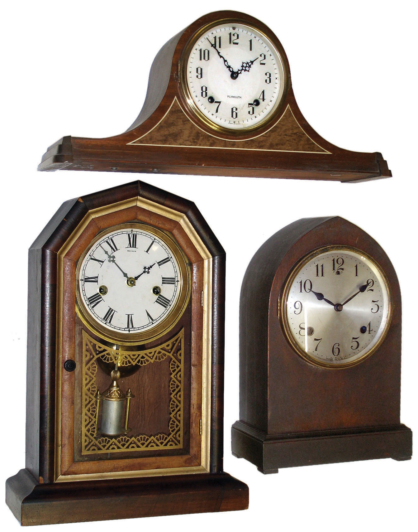 Clocks- 6 (Six) Conn.: Plymouth 8 days, time and strike, tambour; Waterbury 30 hours, time and strike, octagon-top shelf; Sessions 8 days, time and strike, "No.240"; Seth Thomas rosewood Adamanatine 8 days, time and strike,; Gilbert 30 hour time only, small round-top; Seth Thomas dark-wood Adamantine 8 days, time and strike, mantel; late 19th and early 20th centuries — Antique Clocks Price Guide