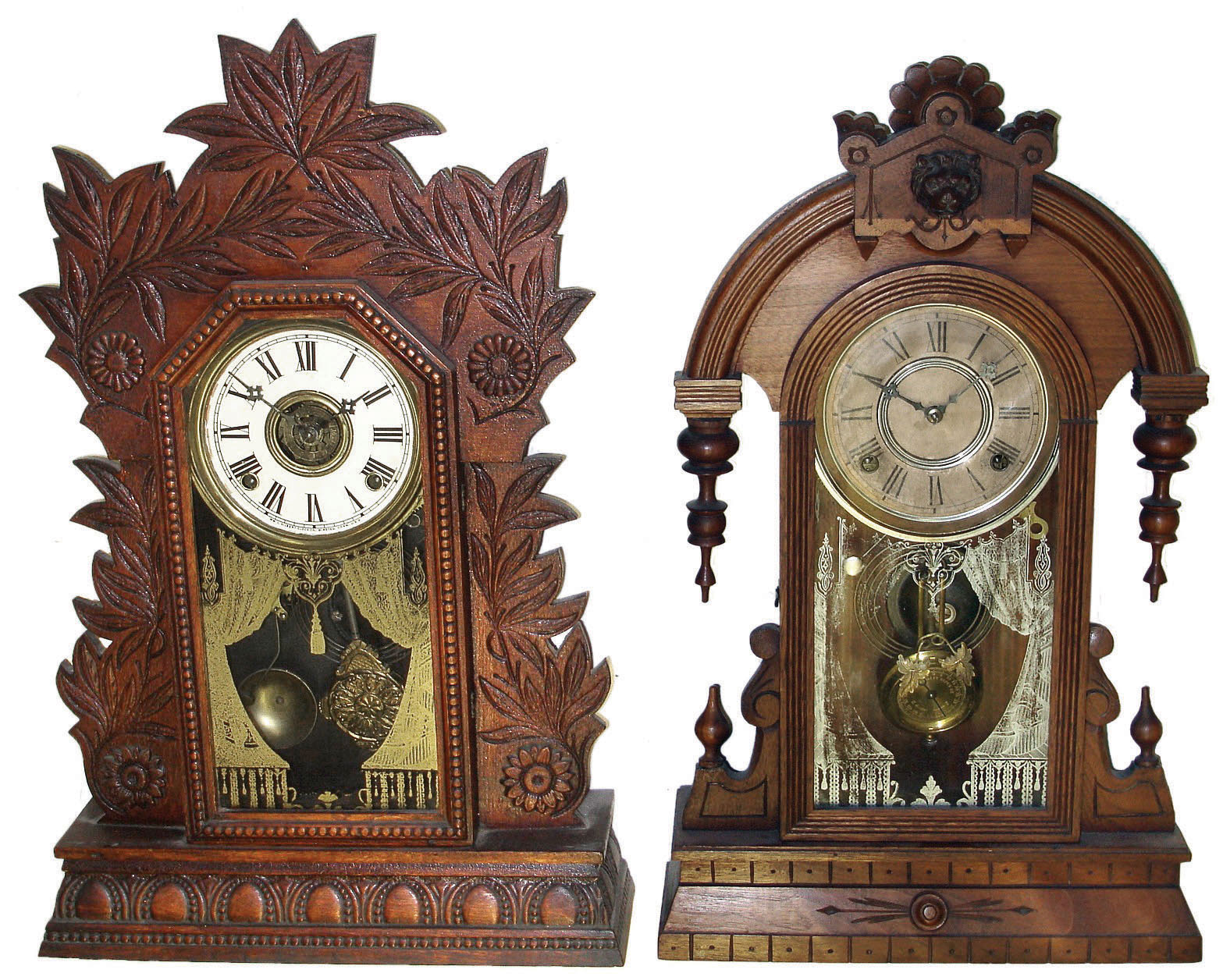 Clocks- 5 (Five) Conn., shelf: Gilbert "Laurel No. 3" oak with alarm; Gilbert "Atossa" walnut with alarm; New Haven No. 550 mahogany; Boyle Bros. for Gilbert walnut; unlabeled [probably Russell & Jones, Pittsfield, Mass.] oak with fancy pendulum; late 19th century — Antique Clocks Price Guide