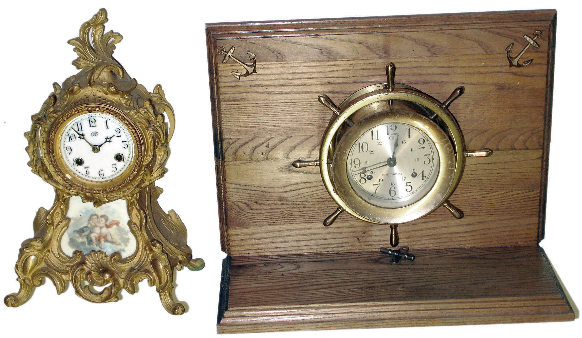 Clocks- 4 (Four) Seth Thomas ship's bells with German 8 day works on wood display, c1950; Jerome & Co. 30 hours, weight driven OG shelf clock, c1875; Jennings Bros. by Waterbury gilt cast metal mantel clock with porcelain plaque, c1910; Seth Thomas small rear-wind 8 days, time and strike, pillar and scroll c1963. — Antique Clocks Price Guide