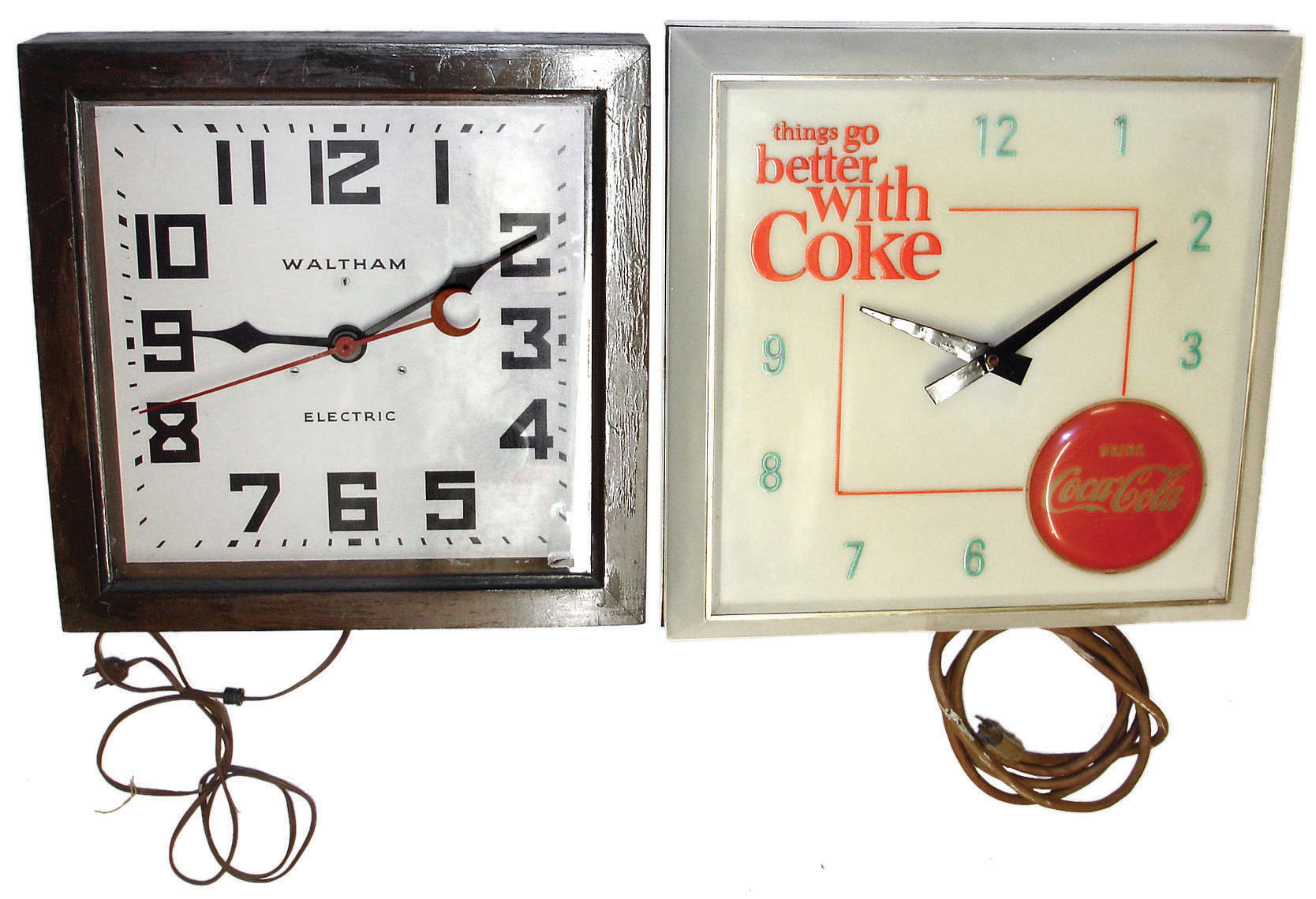Clocks- 4 (Four) Plug-in Electric Wall: three are Coca Cola advertising clocks; one is a Waltham in a square wooden case; 20th century — Antique Clocks Price Guide