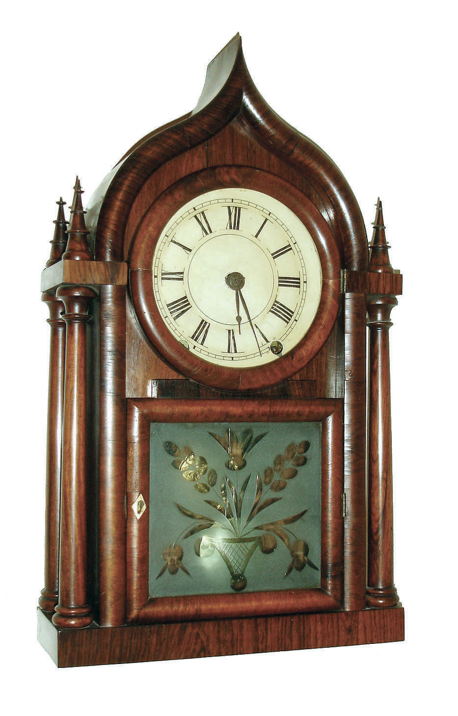 Brewster & Ingrahams, Bristol, Conn., 8 days, time and strike, 4-column OG gothic or Onion Top shelf clock, c1850. — Antique Clocks Price Guide