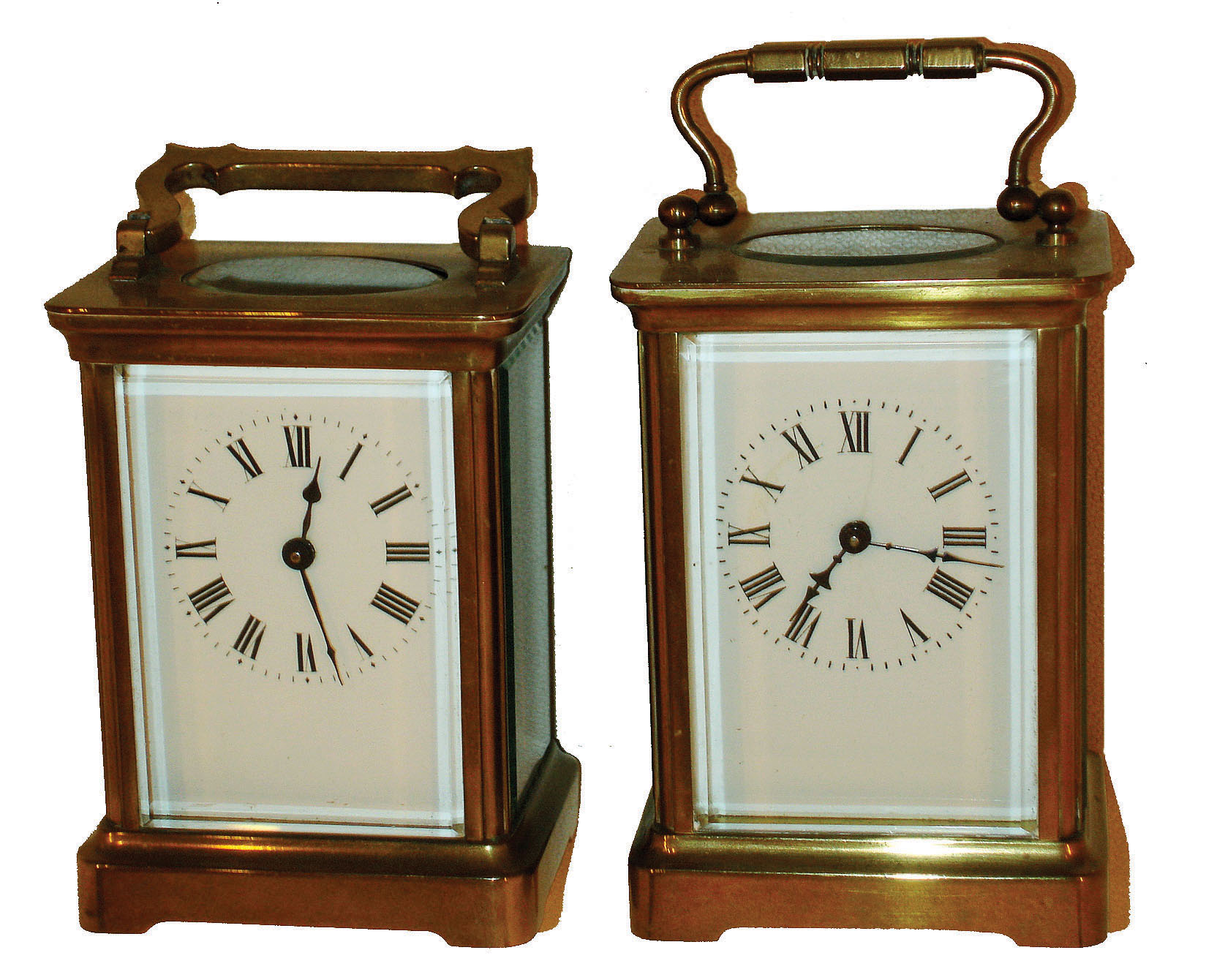 Clocks- 2 (Two) French carriage: 8 day time only, brass and beveled glass with white porcelain dials and cylinder-escapement platforms, c1900 — Antique Clocks Price Guide