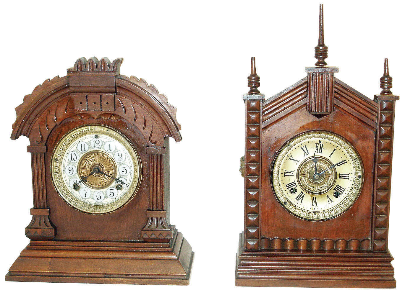 Clocks- 2 (Two) Ansonia Clock Co., New York, cabinet clocks: (1) "Turkey" model 8 day hour and half hour strike spring driven movement in black walnut case with metal dial, c1894. (2) "Tunis" model 8 day hour and half hour strike spring driven movement in black walnut case with porcelain dial, c1894. — Antique Clocks Price Guide