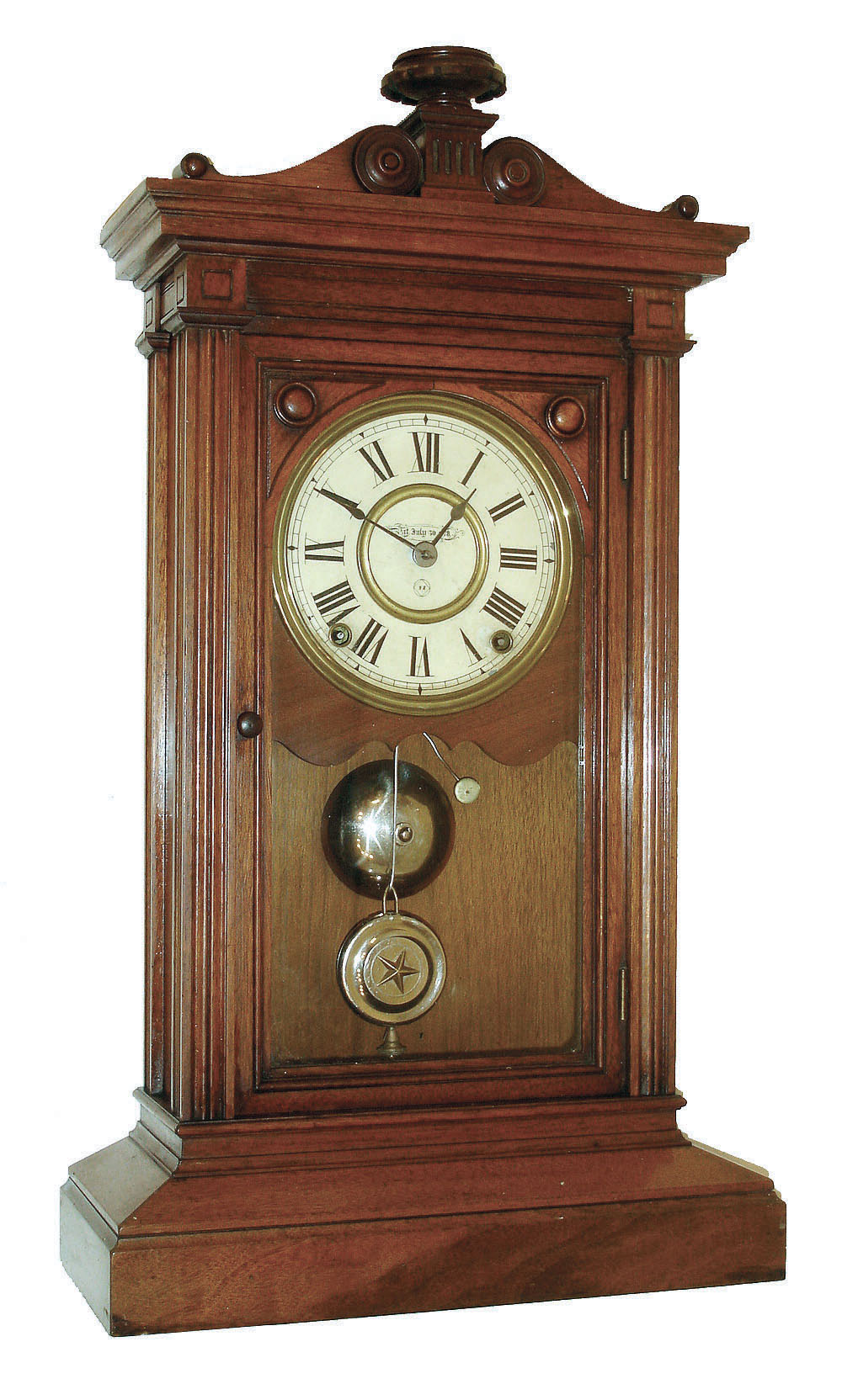Seth Thomas Clock Co., Thomaston, Conn., "Greek, V.P." shelf clock, walnut case, 8 days, time and strike, spring movement with painted dial, c1884 — Antique Clocks Price Guide