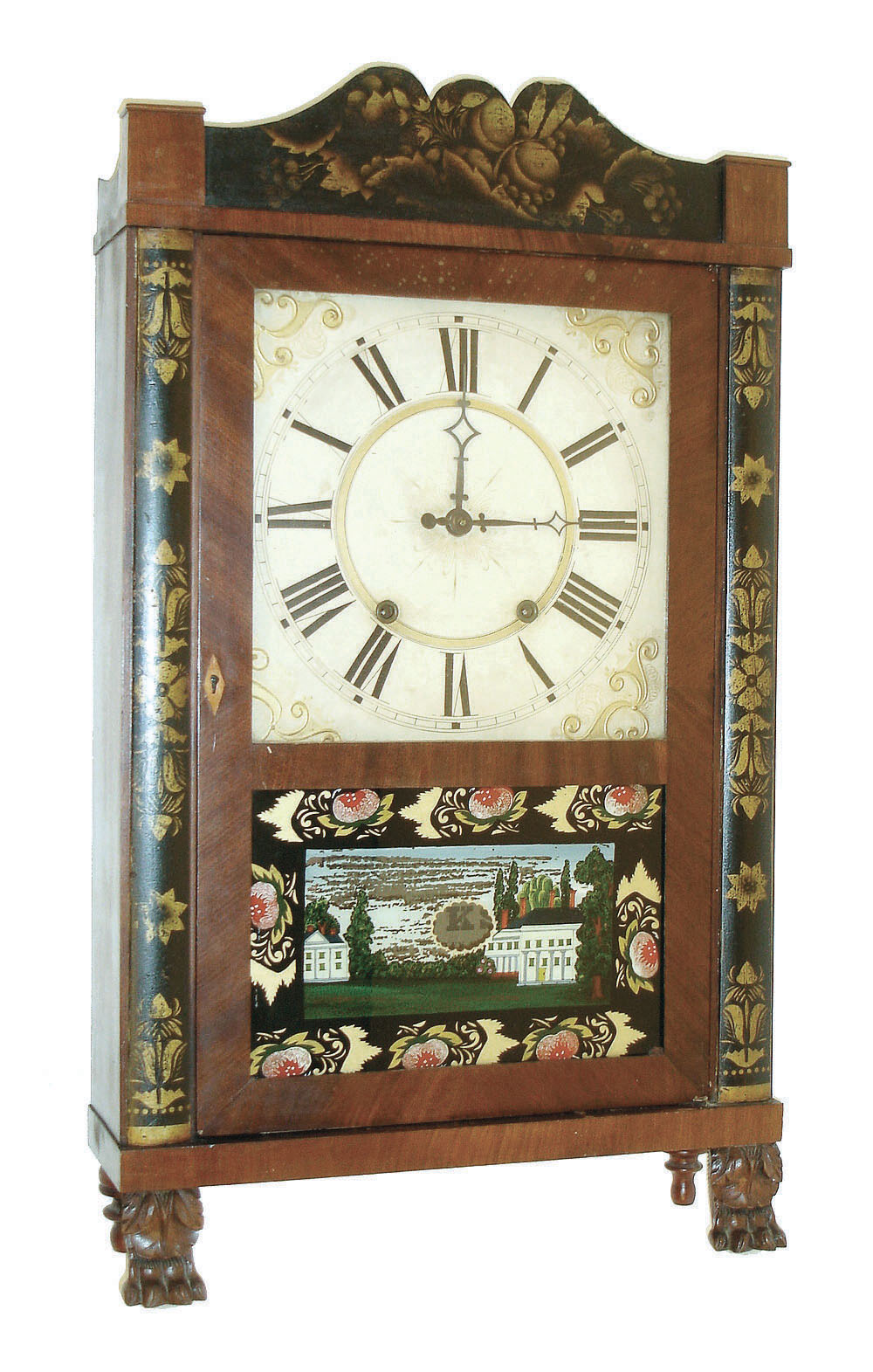 Rily Whiting, Winchester, Conn., 30 hours, time and strike,, weight driven wood movement stenciled column & splat shelf clock with carved paw feet, c1830 — Antique Clocks Price Guide