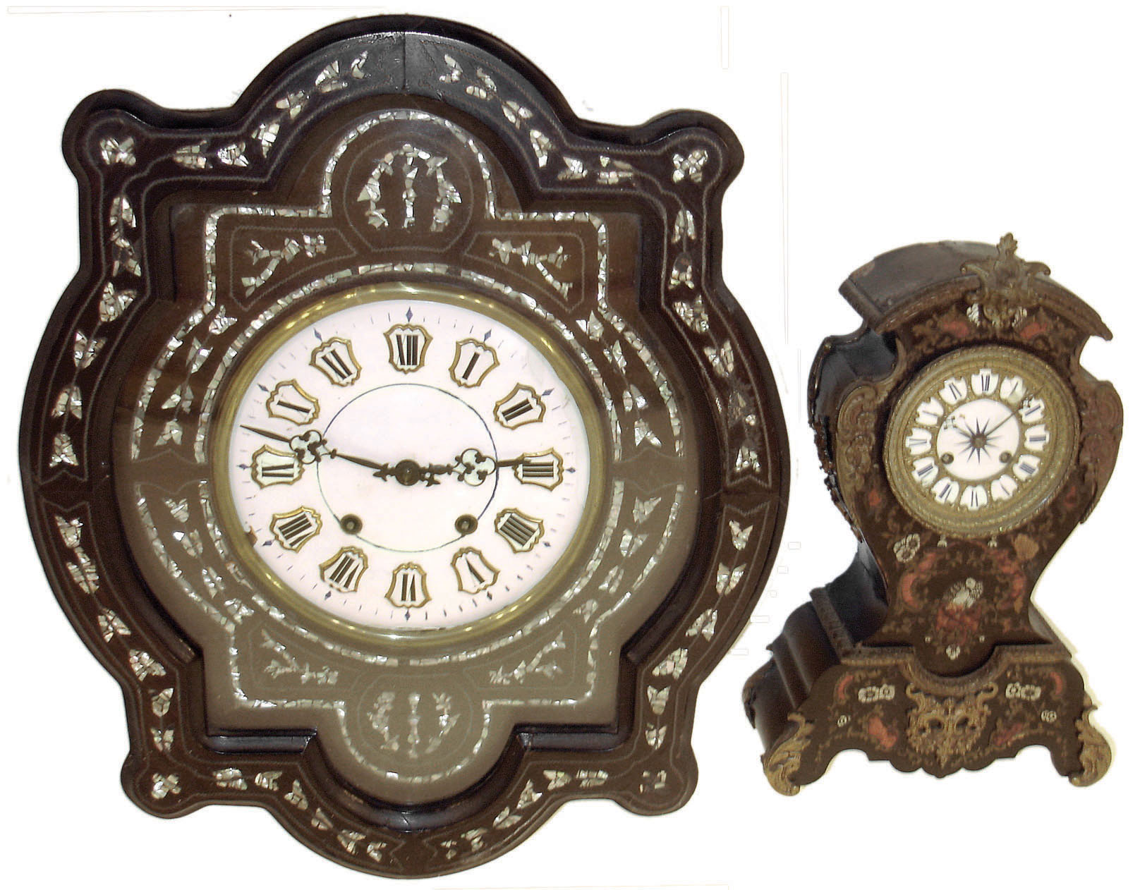 Clocks- 2 (Two) French inlaid ebonized wood 8 days, time and strike,: ornate mantel with movement stamped Laveau (?) Freres, Paris; Morbier bakery wall clock with mother-of-pearl inlay and enameled dial with porcelain cartouche numbers; late 19th century — Antique Clocks Price Guide