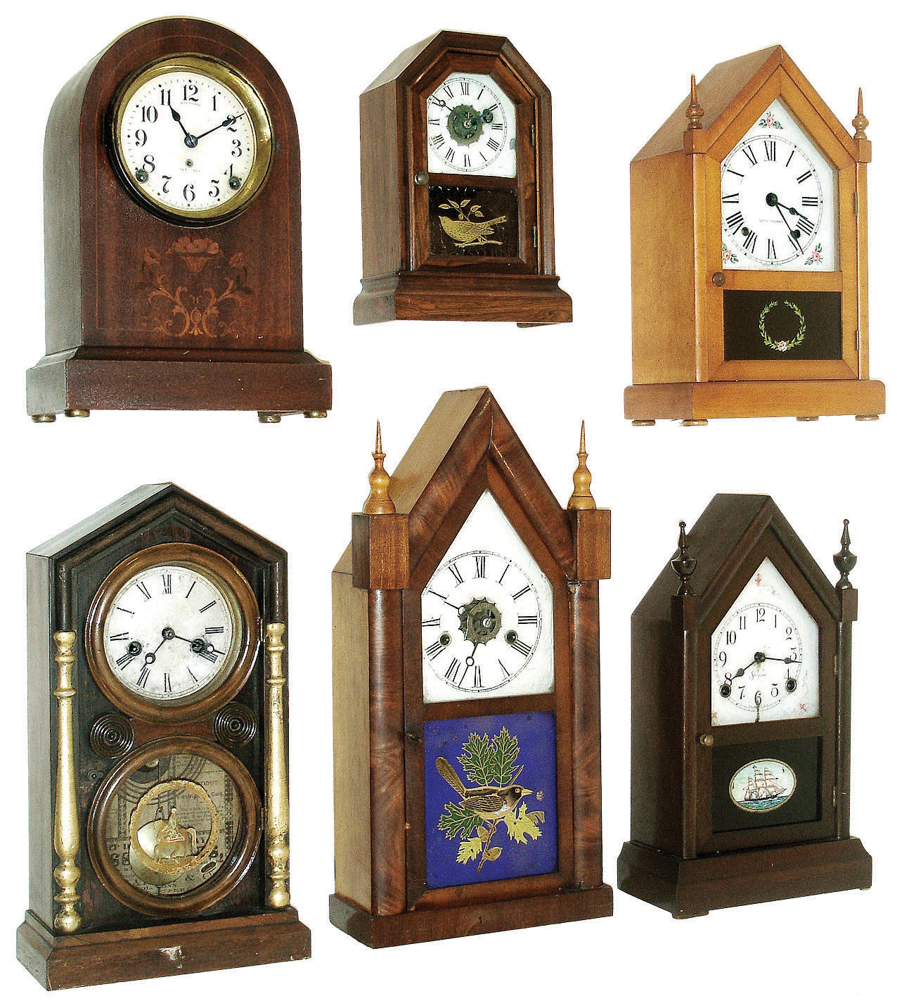 Clocks- 6 (Six) Connecticut shelf: (1) Atkins Clock Co., Bristol, Conn., "Octagon Top" cottage clock with 30 hour time & alarm, c1860  (2) E. Ingraham & Co., Bristol, Conn., "Doric Extra" 30 hours, time and strike,, spring driven movement in a rosewood veneer case with paper dial, c1870; (3) Seth Thomas Clock Co., Thomaston, Conn., "Prospect No. 2" mantel clock with 8 day time, hour/half hour strike, c1913 (4) E. N. Welch Mfg. Co., Forestville, Conn steeple clock with 30 hour time, strike & alarm, c1870  (5) Sessions Clock Co., Forestville, Conn., "Copley" shelf clock with 8 days, time and strike, c1923. (6) Seth Thomas Clock Co., Thomaston, Conn., "Sharon" steeple with 8 day time, hour/half-hour strike, c1924 — Antique Clocks Price Guide