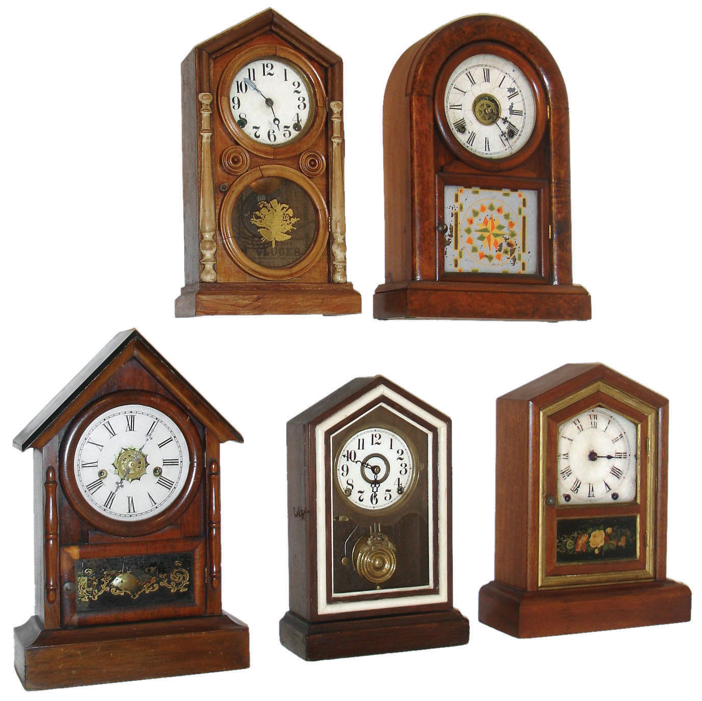 Clocks- 5 (Five): (1) Seth Thomas Clock Co., Thomaston, 8 days, time and strike,. (2) E. Ingraham & Co., "Doric", 8 days, time and strike,, c1880. (3) Waterbury Clock Co., Waterbury "Dexter" 30 hours, time, strike & alarm, c1875. (4) Ansonia Brass & Copper Co., 8 days, time and strike, round top, c1875. (5) E. Ingraham & Co., Bristol, "Pony" (no label) 8 days, time, strike & alarm, c1880. — Antique Clocks Price Guide
