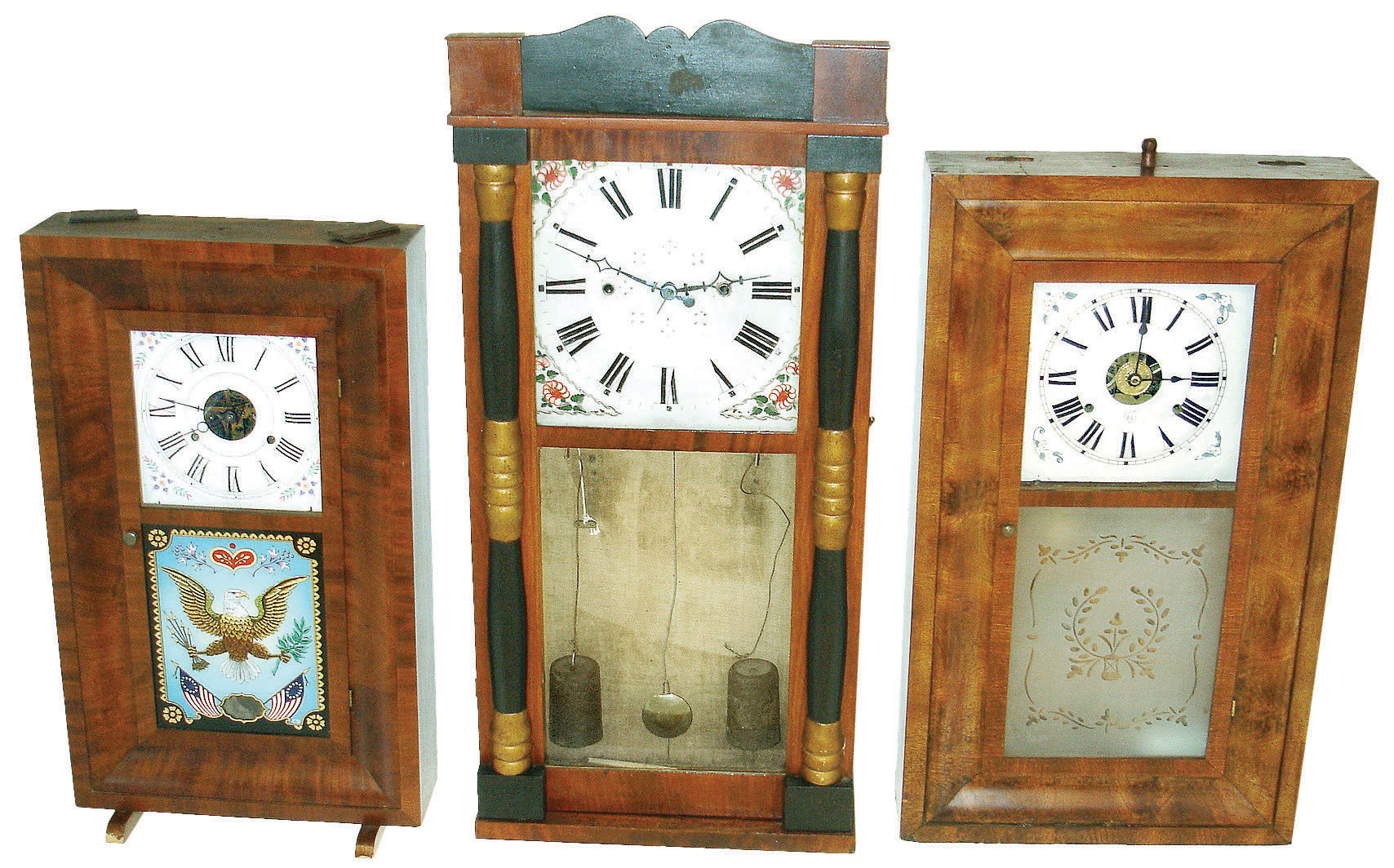 Clocks- 3 (Three): (1) Seth Thomas, Plymouth Hollow, Conn., 30 hours, time and strike, OG, c1860. (2) Seth Thomas, Thomaston, Conn., 8 days, time, strike & alarm OG, c1870. (3) No label [probably Pratt & Frost or Daniel Frost, Mass,] 30 hours, time and strike, "groaner" weight driven wood movement half column & splat, c1840. — Antique Clocks Price Guide