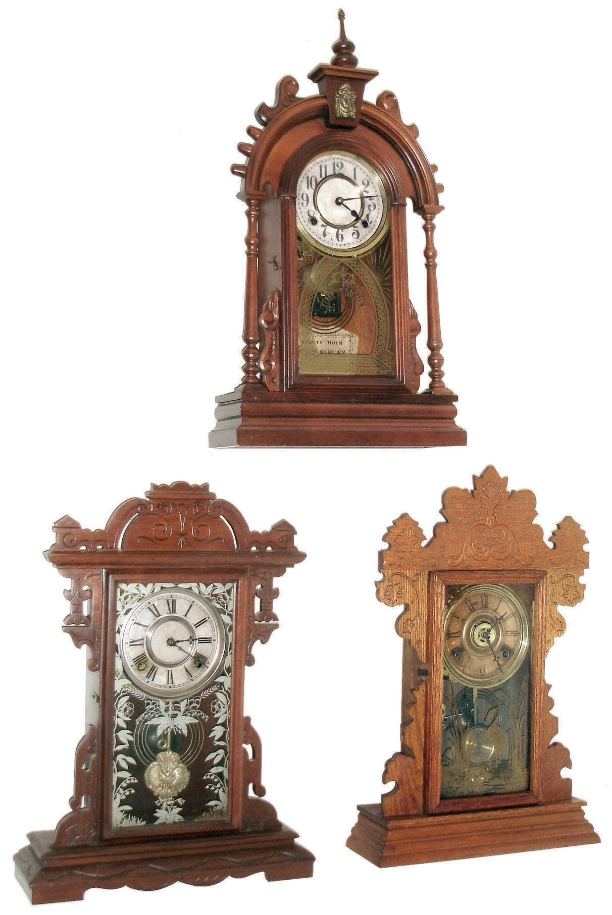 Clocks- 3 (Three): (1) E. N. Welch Mfg. Co., Forestville, "No. 5", 8 day time, strike & alarm, c1890. (2) New Haven Clock Co., New Haven, 8 days, time and strike,, c1880. (3) E. N. Welch Mfg. Co., Forestville, "Nanon", 8 days, time and strike,, c1885. — Antique Clocks Price Guide