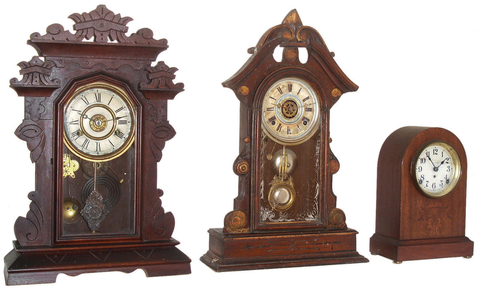 Clocks- 3 (Three): (1) Seth Thomas, "Prospect No. 2" 8 days, time and strike, round top, c1913. (2) Gilbert Clock Co., Winsted "Lapwing" 8 days, time and strike,, c1879. (3) New Haven Clock Co., "Coquette" 8 days, time and strike mantel clock, c1890. — Antique Clocks Price Guide