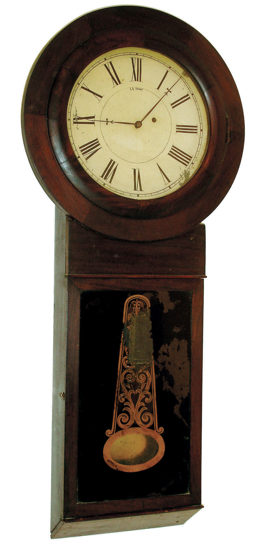 Unknown, probably Mass. [has incorrect S.B. Terry on dial],8 days, time only, weight driven wall regulator, c1860 — Antique Clocks Price Guide
