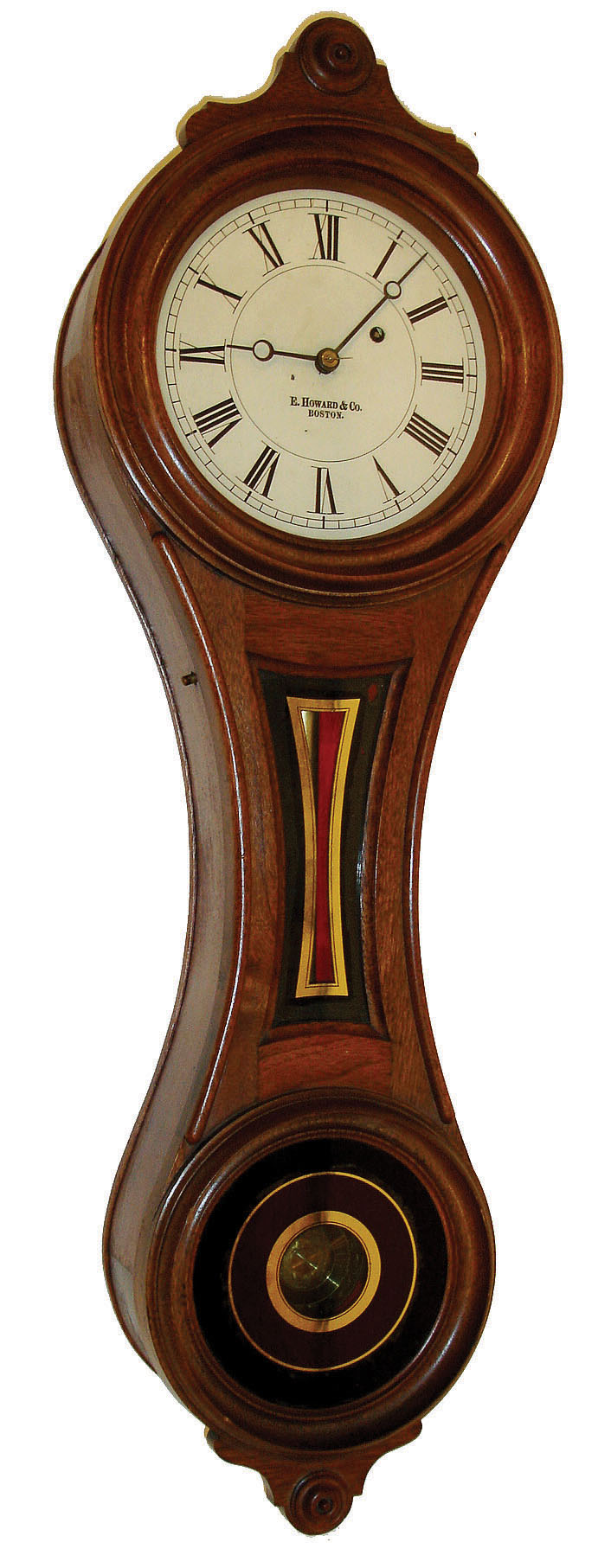 E. Howard & Co., Boston, Mass., "No. 10 Regulator" figure eight wall clock, 8 days, time only, weight driven movement in a walnut case with painted metal dial and reverse painted tablets, c1900 — Antique Clocks Price Guide