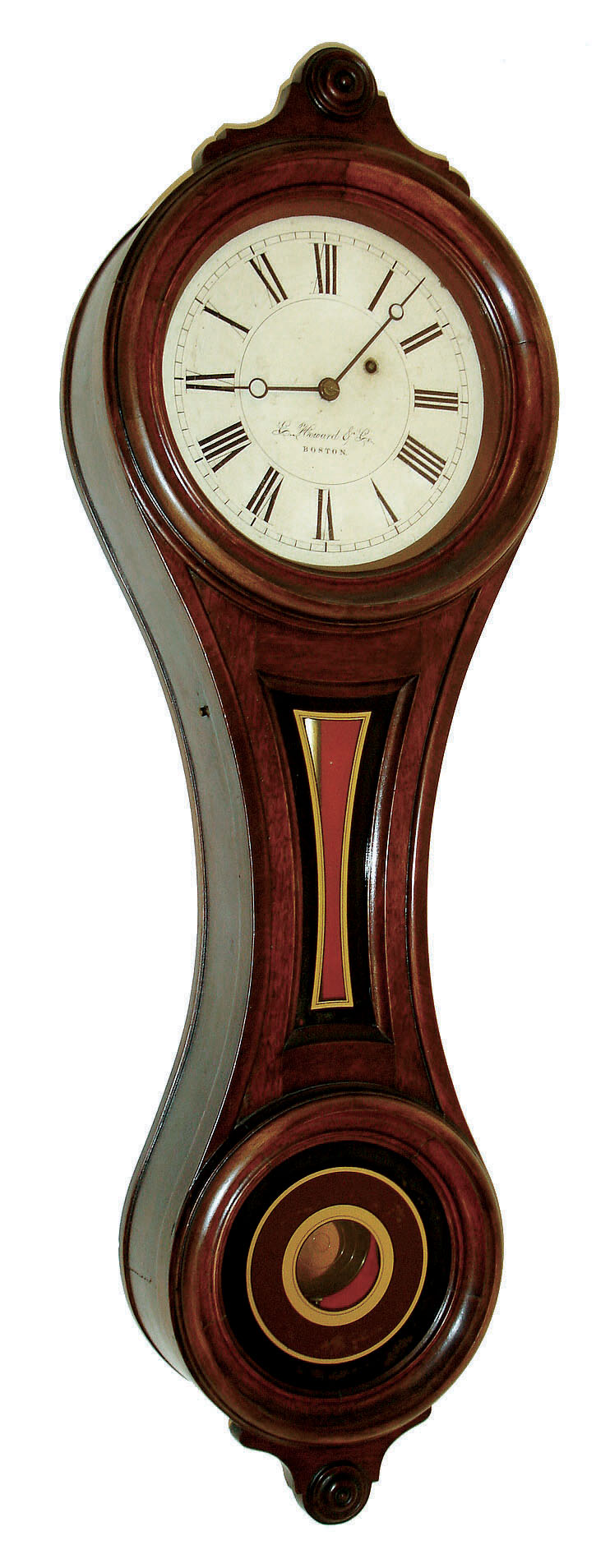 E. Howard & Co., Boston, Mass., "No. 9 Regulator" figure eight wall clock, 8 days, time only, weight driven movement in a walnut case with painted iron dial and reverse painted tablets, c1900 — Antique Clocks Price Guide