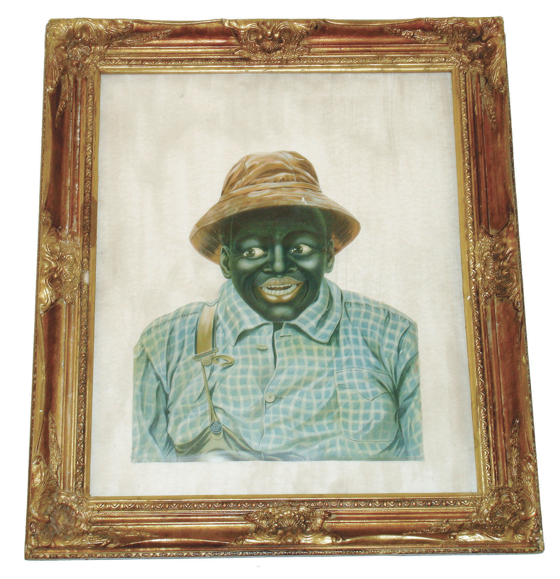 German Hoyt Life Picture "Black Farmer" Automaton layered color lithograph of a black farmer, dressed in red hat, blue and white checked shirt and overalls. The spring key wind movement winds from the rear and actuated from the side, causes head to tilt left and right, the mouth to open and close and the eyes to look left to right. This is an unusual of example of black memorabilia, set within a fancy carved gold frame, c1895 — Antique Clocks Price Guide