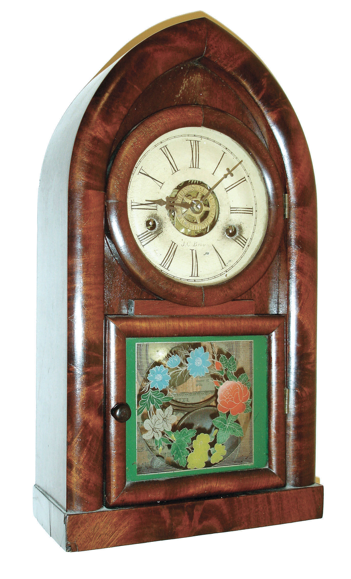 J.C. Brown, Forestville Conn., miniature plain front "Beehive or Round Gothic" shelf clock, 30 hour time, strike & alarm, c1850 — Antique Clocks Price Guide