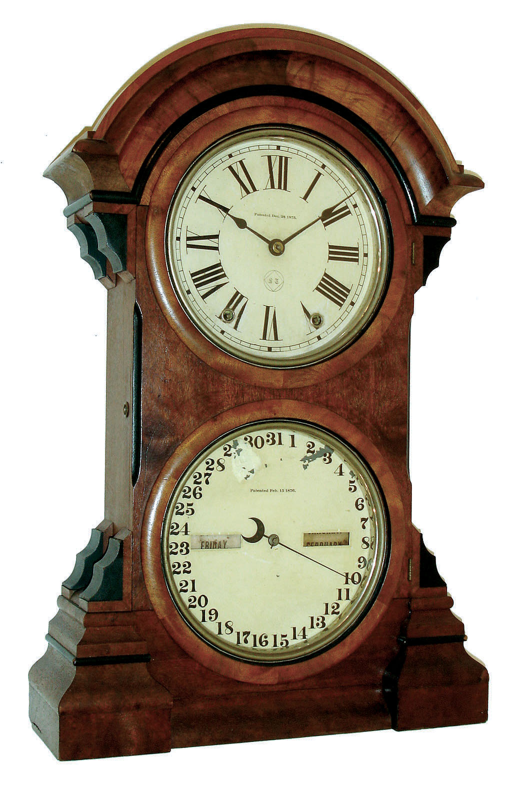 Seth Thomas Clock Co., Thomaston, Conn., "Parlor Calendar No. 4" 8 day spring driven time and strike movement with perpetual calendar mechanism in a polished walnut case, c1886, — Antique Clocks Price Guide