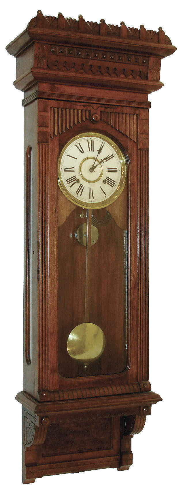 William L. Gilbert Clock Co., Winsted, Conn., "Regulator No. 11", 8 days, time and strike, weight with spring strike brass movement wall clock, c1891 — Antique Clocks Price Guide