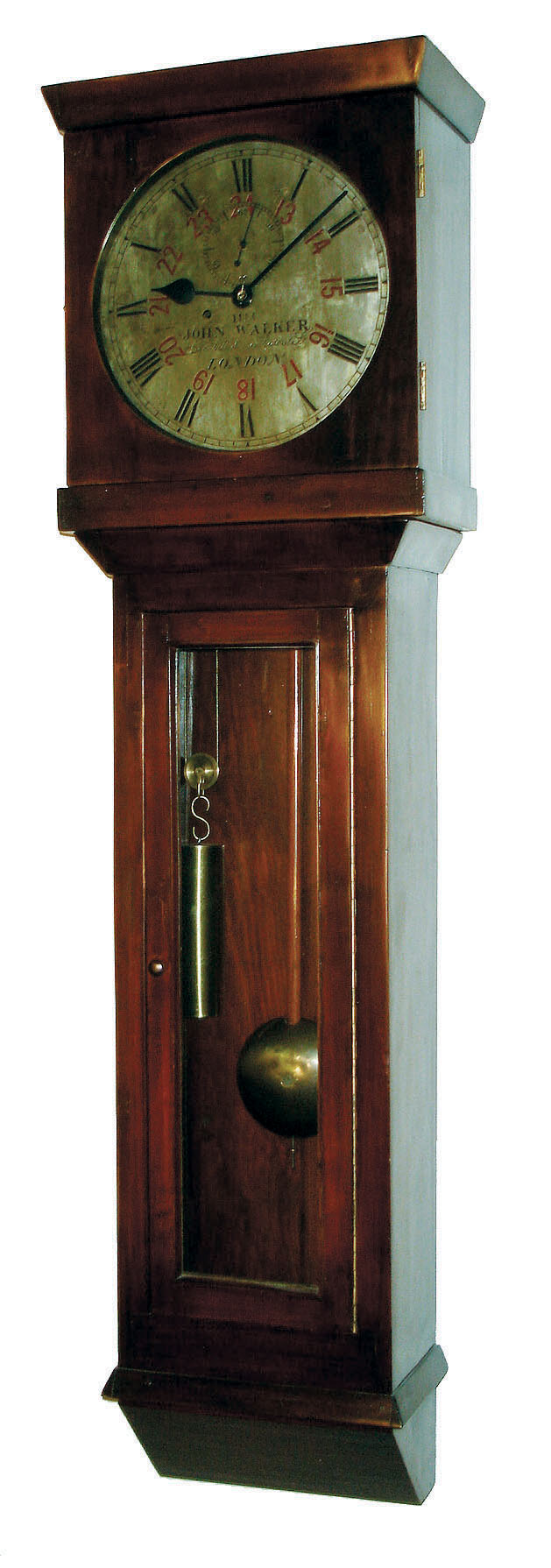 John Walker, Cornhill & 230 Regent St, London, England, tavern wall clock, 8 day time only, weight driven robust movement in a mahogany veneer case with glazed door and silvered metal dial, c1790 — Antique Clocks Price Guide