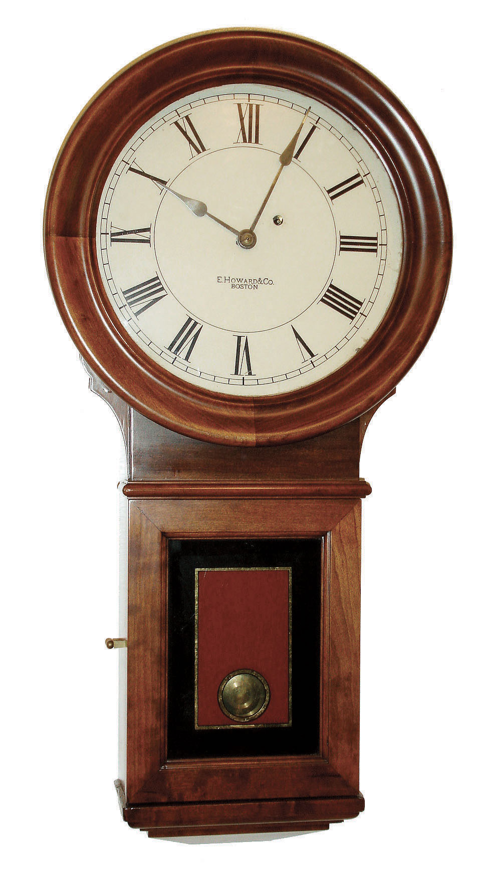 E. Howard & Co., Boston, Mass., "No. 70 Regulator" wall clock, 8 days, time only, weight driven movement in a cherry case with painted metal dial and reverse painted tablet, c1910 — Antique Clocks Price Guide