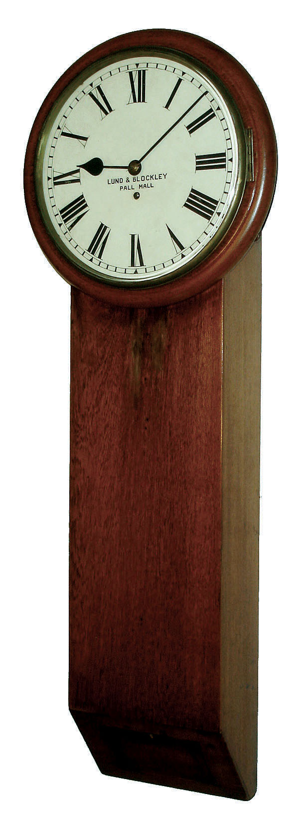 Lund & Blockley, Pall Mall, [London] England, long case tavern wall clock, 8 day time only, robust weight driven movement with heavy cast iron mounting bracket in a mahogany case with painted metal dial, c1870 — Antique Clocks Price Guide