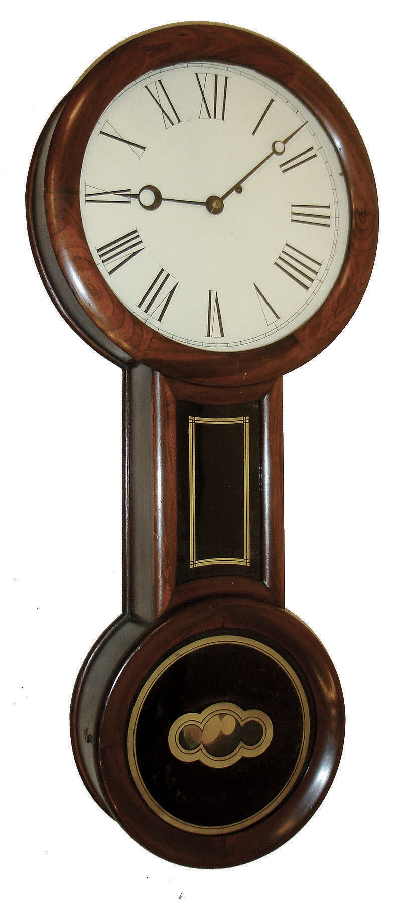 "Baltimore" banjo attributed to Williams & Hatch, North Attleboro, Mass., 8 days, time only, weight driven movement in a rosewood grained case with reverse painted tablets and painted metal dial, c1867 — Antique Clocks Price Guide