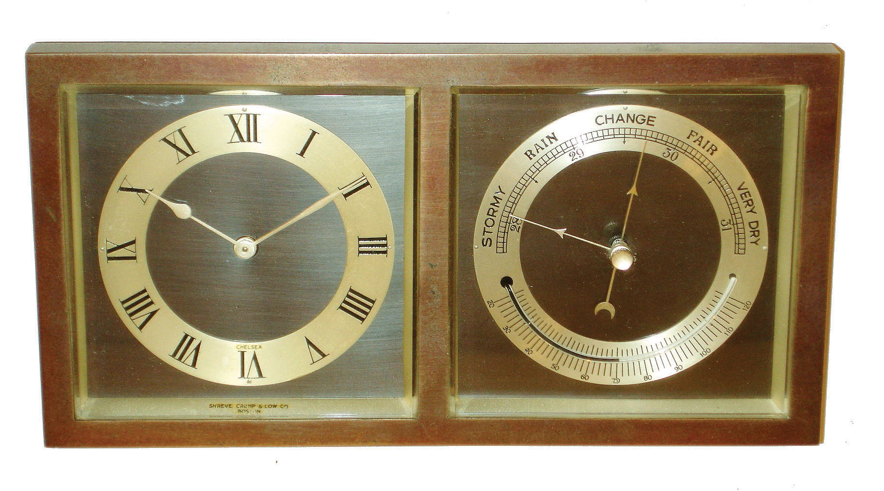 Chelsea Clock Co., Boston, for Shreve, Crump & Low, "Erickson" 8 day bronze clock and barometer pair, #564668, c1951 — Antique Clocks Price Guide