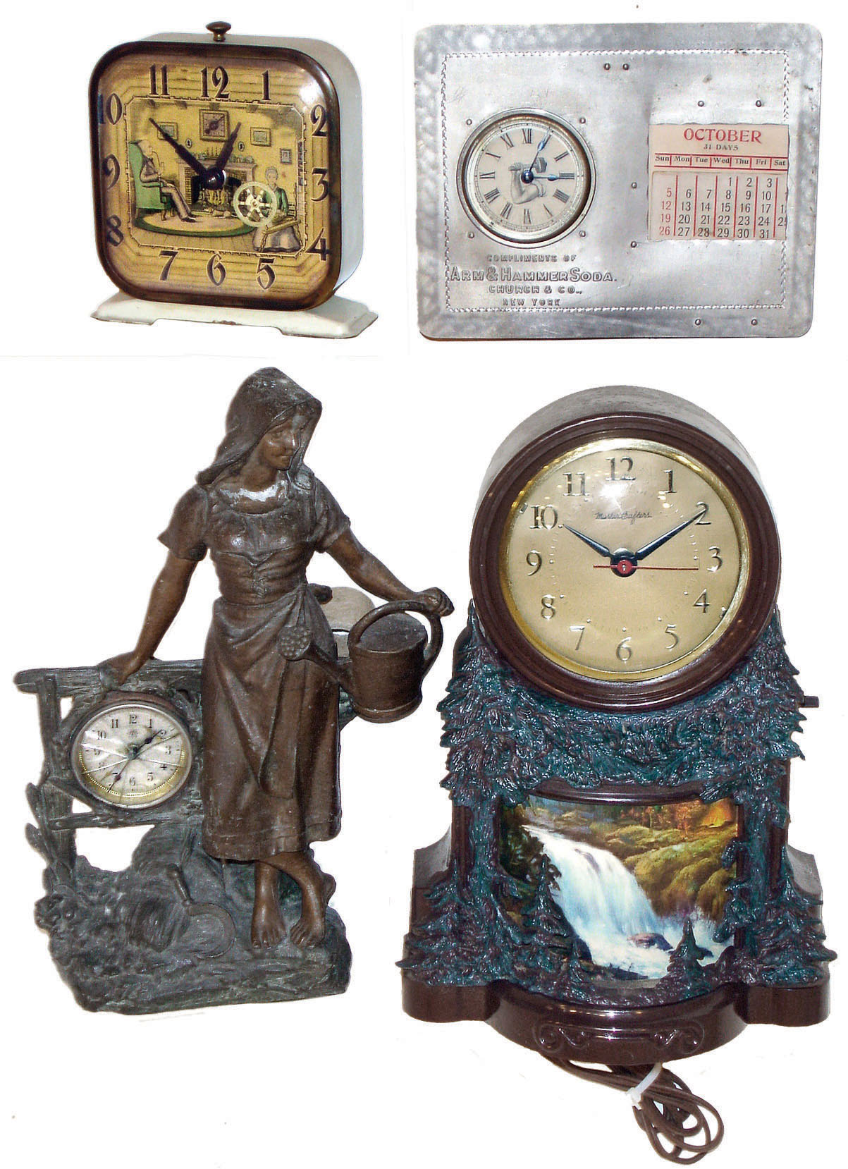 Clocks- 4 (Four): Junghans bronzed figural with 30 hours, alarm insert; Mastercrafters plug-in with waterfall; Arm & Hammer advertising calendar with Ansonia 30 hours, insert; and Lux alarm clock with spinning-wheel animation; 20th century — Antique Clocks Price Guide
