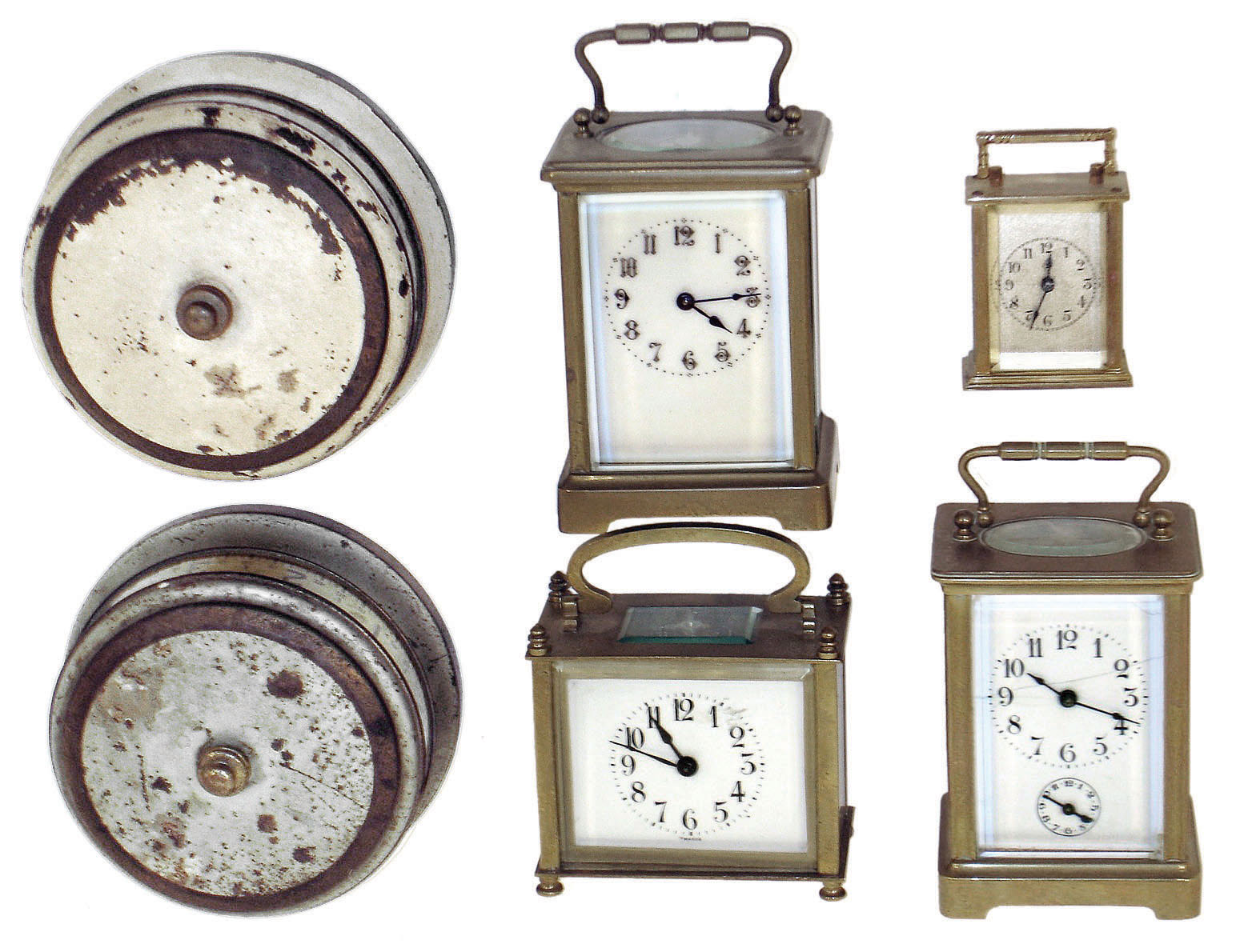 Clocks- 6 (Six) small timepieces: three French carriage clocks, one with alarm. one rarer wide model; two Lux tape measure clocks; Waterbury "Speck" miniature carriage clock; early 20th century — Antique Clocks Price Guide