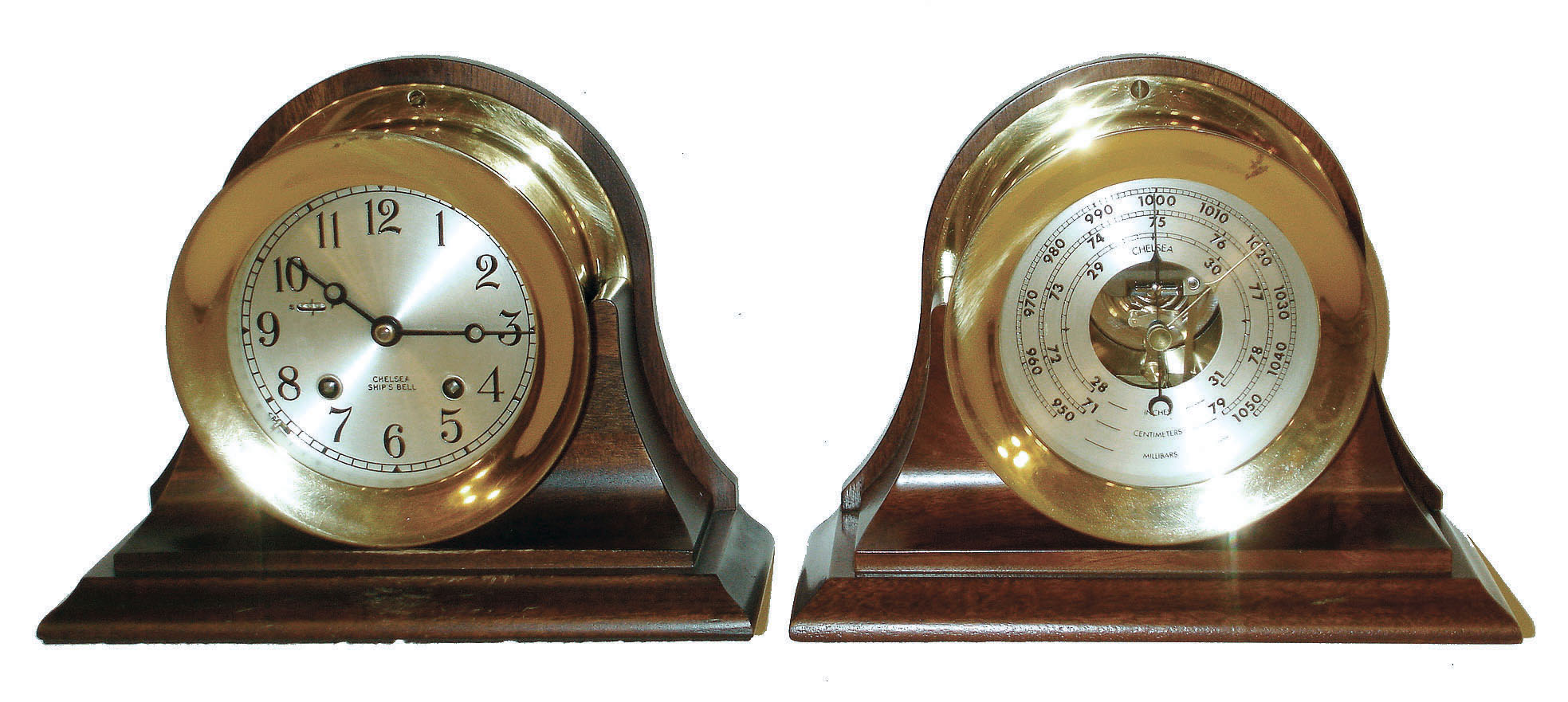 Chelsea Clock Co, Boston, 8 day ship's bells clock #806638 and barometer set, 4" dials, screws bezels, in mahogany cradles, 1977 — Antique Clocks Price Guide