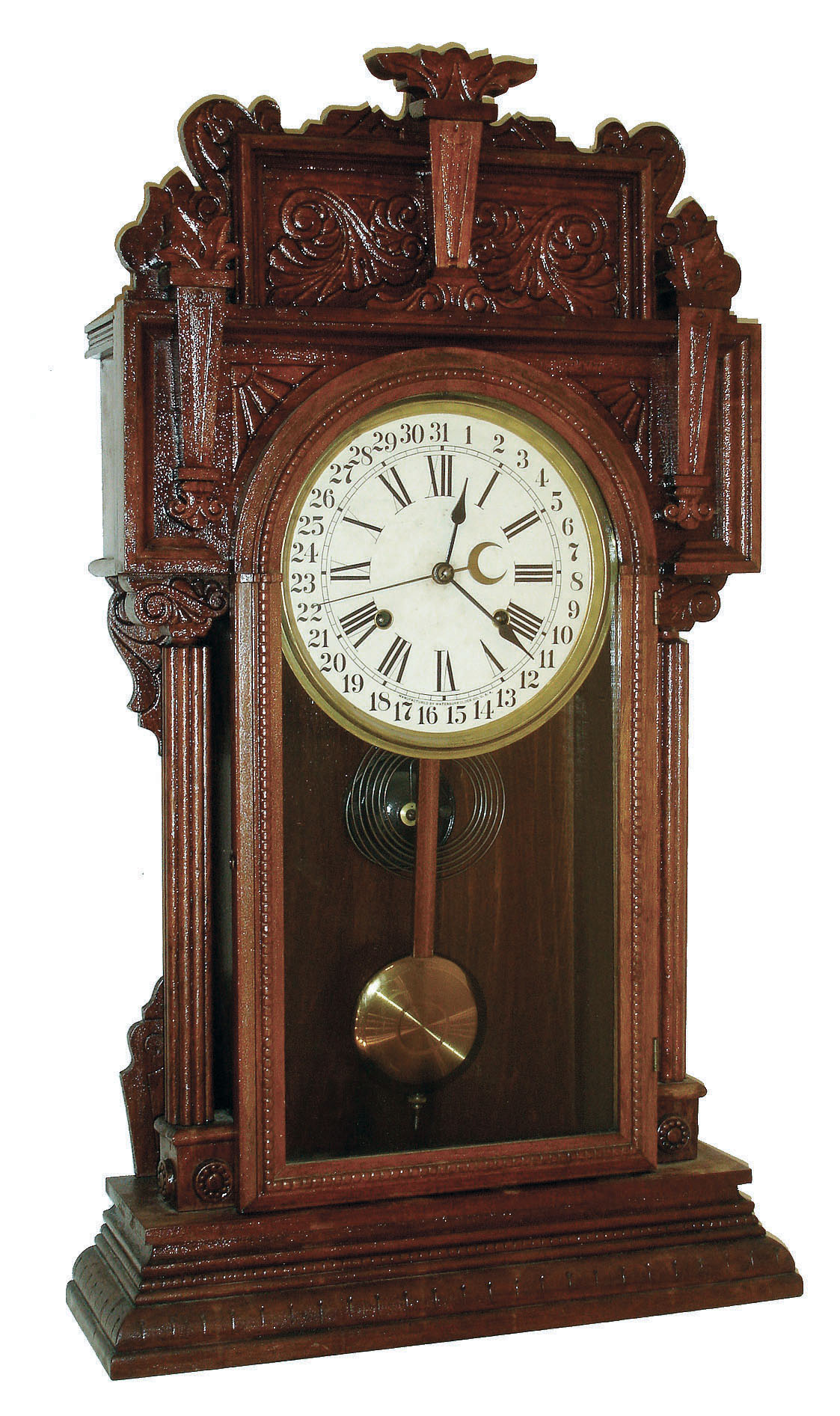 Waterbury Clock Co., Waterbury, Conn., "Niagara" 8 day time, strike & calendar walnut parlor clock, c1911 — Antique Clocks Price Guide