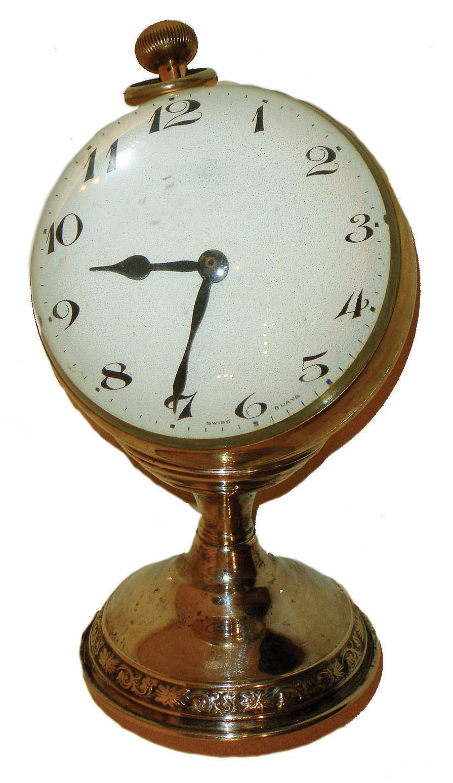 Swiss glass ball 8 day desk timepiece with associated sterling silver cup, 6-jewel 2-adjustment movement signed L. Sandoz, Vuille, c1900 — Antique Clocks Price Guide
