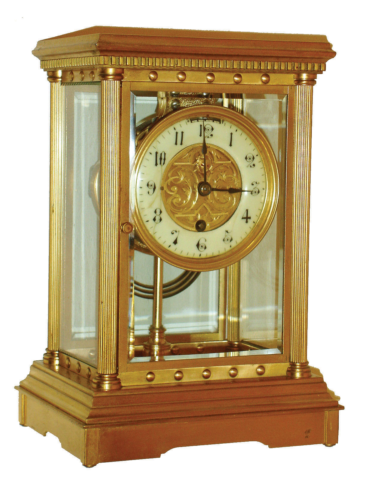 Boston Clock Co., Boston, Mass. "Delphus" brass and beveled glass 8 days, time and strike, tandem wind crystal regulator, c1895 — Antique Clocks Price Guide