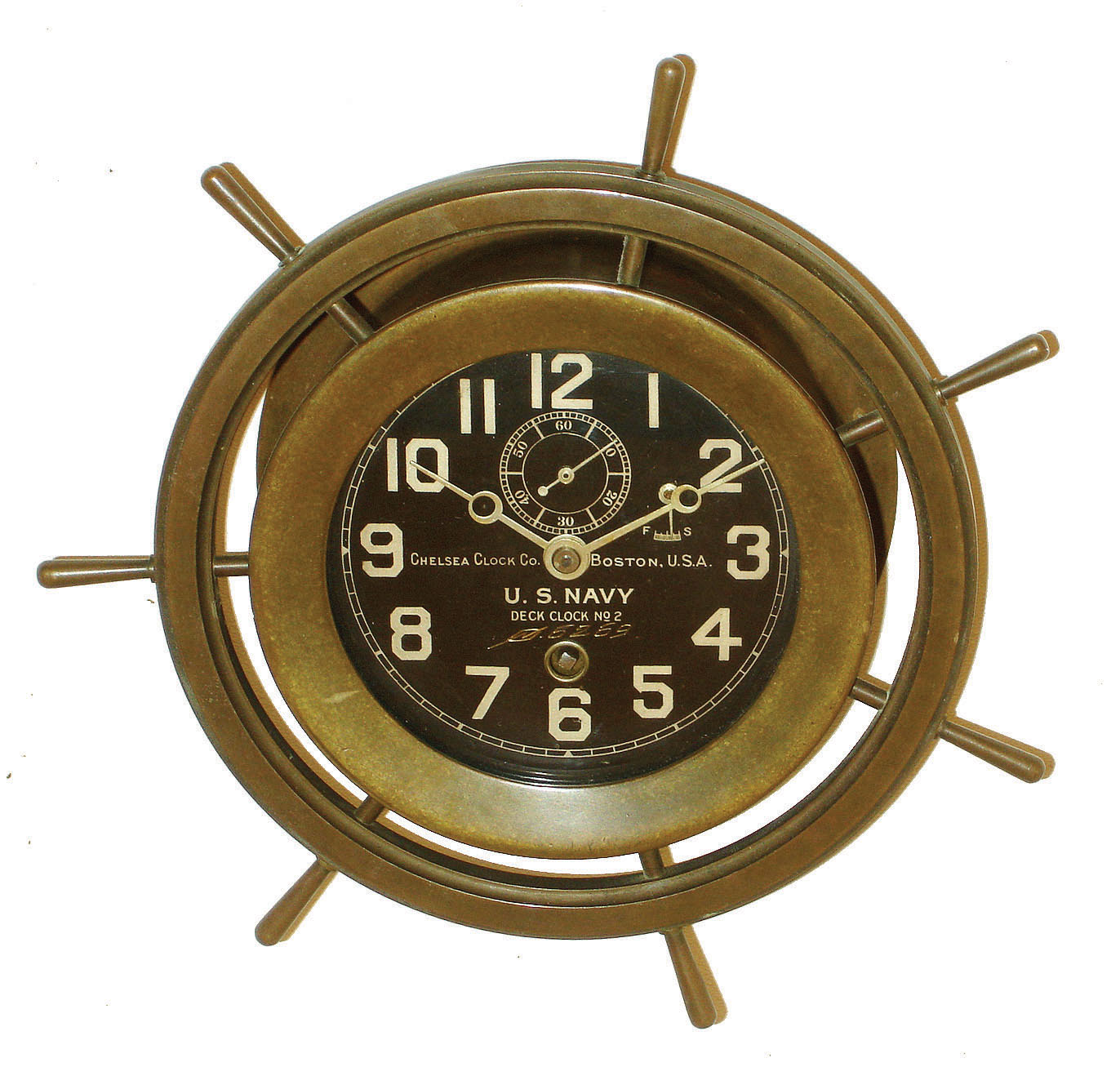 Chelsea Clock Co., Boston, "Yacht Wheel" 4" dial 8 day time only, marine clock #130385, 1919 — Antique Clocks Price Guide