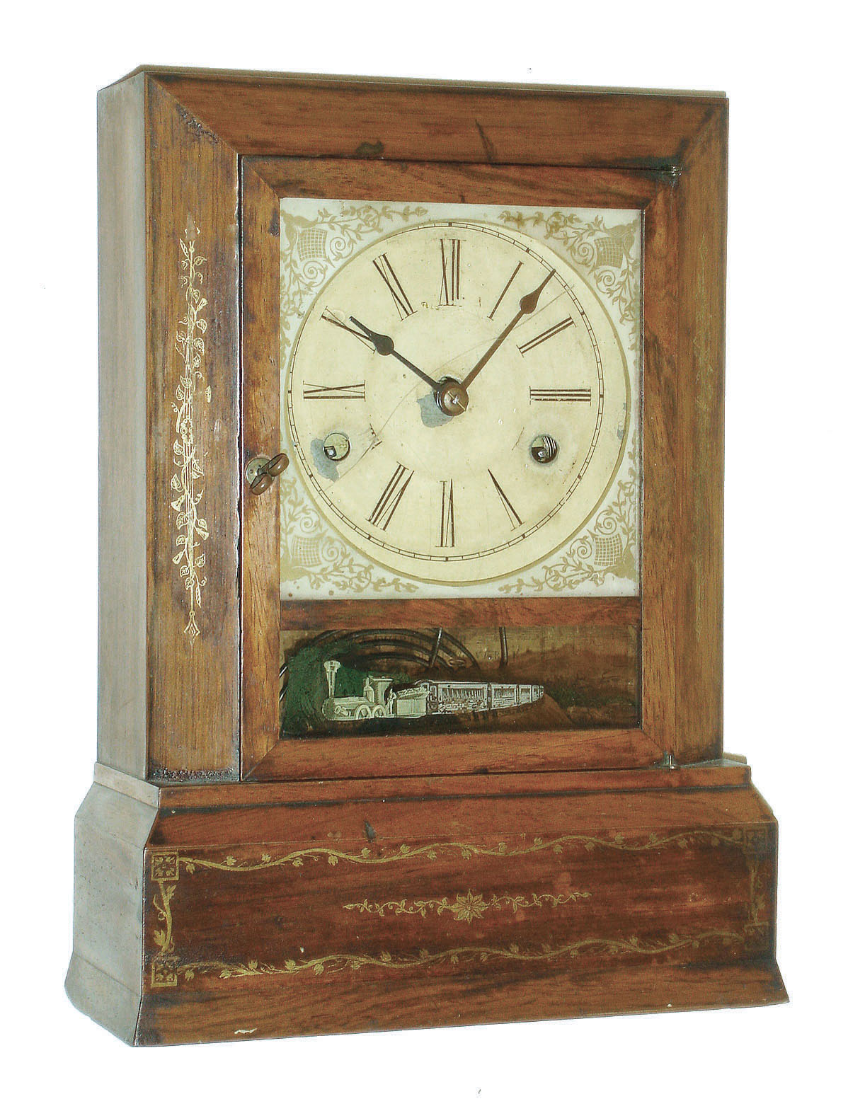 Atkins, Whiting & Co., Bristol, Conn., "rolling-pinion rolling-verge" 30 hours, time and strike, rosewood cottage clock, c1850 — Antique Clocks Price Guide