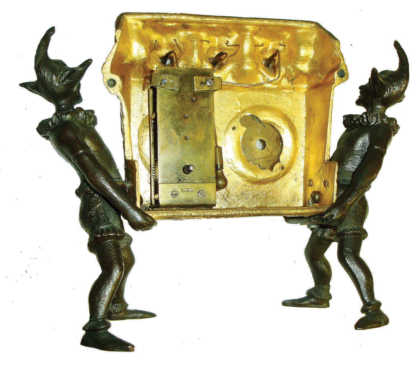 Mayer, Germany, 30 hour novelty clock, the gilt basket form case containing three panting dogs, their tongues moving in and out as the clock runs, the basket supported by flanking patinated harlequins, case front with Roman numeral white enamel dial and round thermometer scale, now with mounted thermometer, tall, rectangular 30 hour time only, movement with counterpoised pallet arbor and attachment for dog tongues, signed Mayer, c1870 — Antique Clocks Price Guide