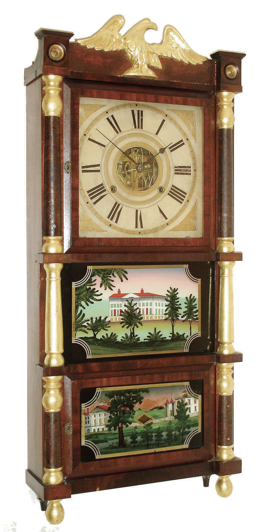 Birge, Mallory & Co., Bristol, Conn., triple decker shelf clock with eagle splat - 8 days, time and strike, strap brass weight driven movement, c1840. — Antique Clocks Price Guide