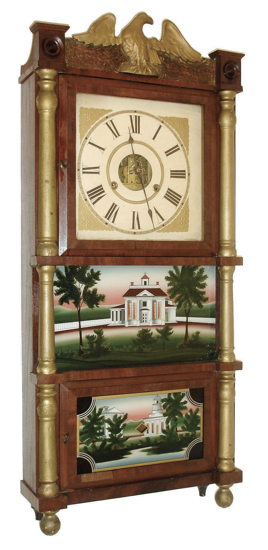 Birge & Fuller, Bristol, Conn., 8 days, time and strike weight brass movement triple-decker shelf clock with eagle splat, c1845 — Antique Clocks Price Guide