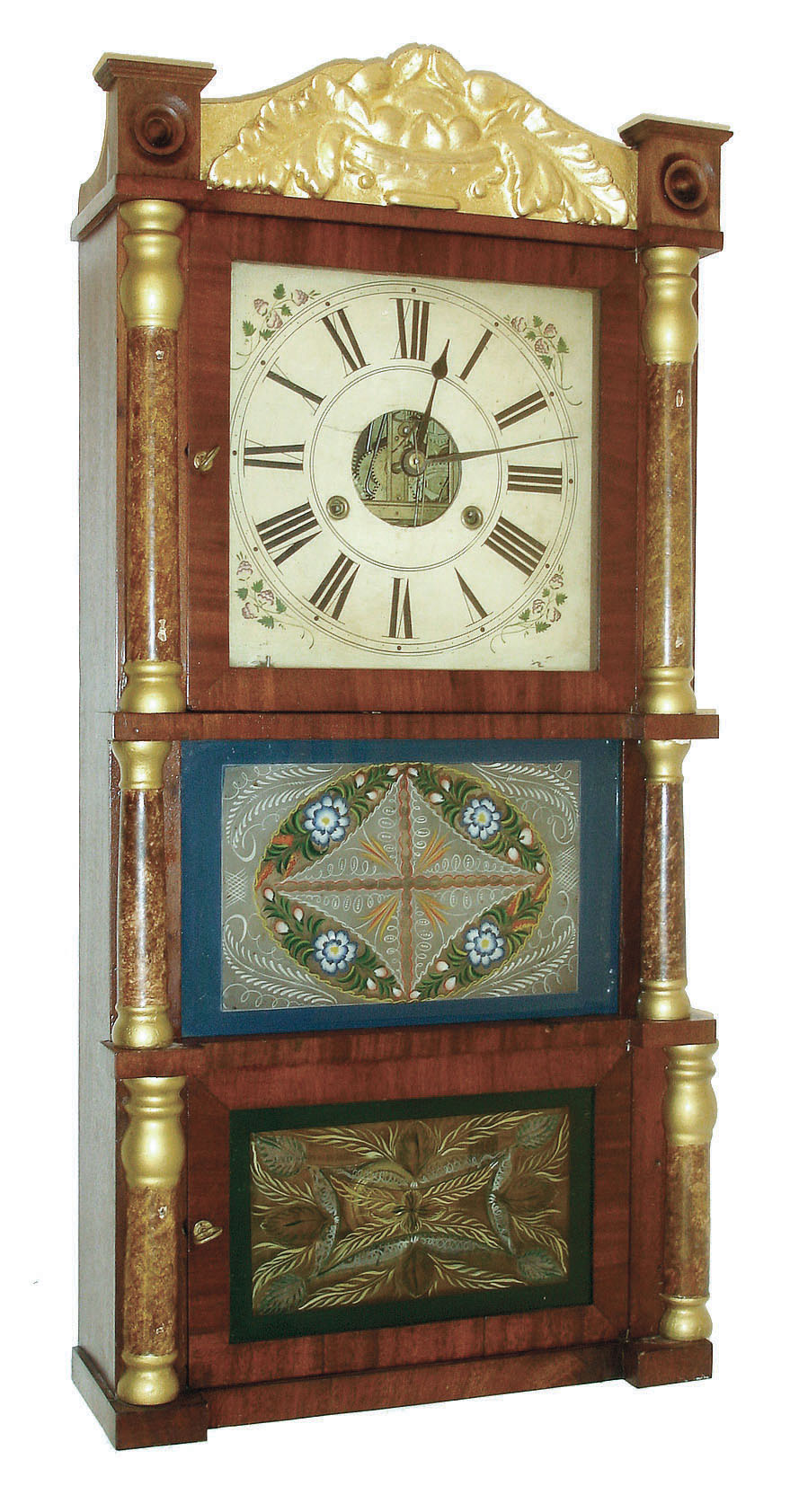 Birge & Fuller, Bristol, Conn., 8 days, time and strike, weight-drive brass strap brass movement triple-decker shelf clock, c1845 — Antique Clocks Price Guide