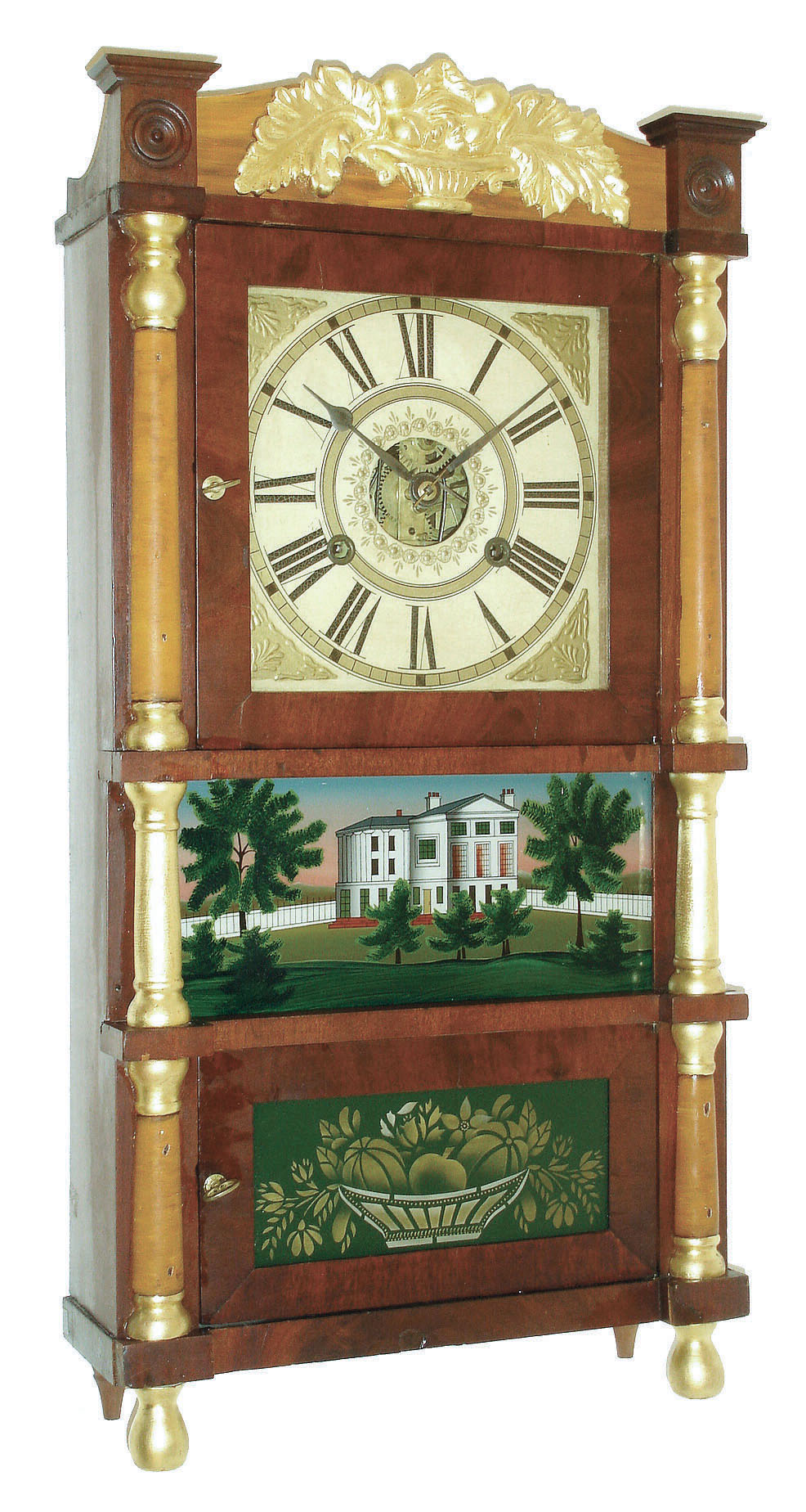 Birge, Mallory & Co., Bristol, Conn., miniature weight triple decker shelf clock with 30 hours, time and strike,, strap brass movement, c1840. — Antique Clocks Price Guide