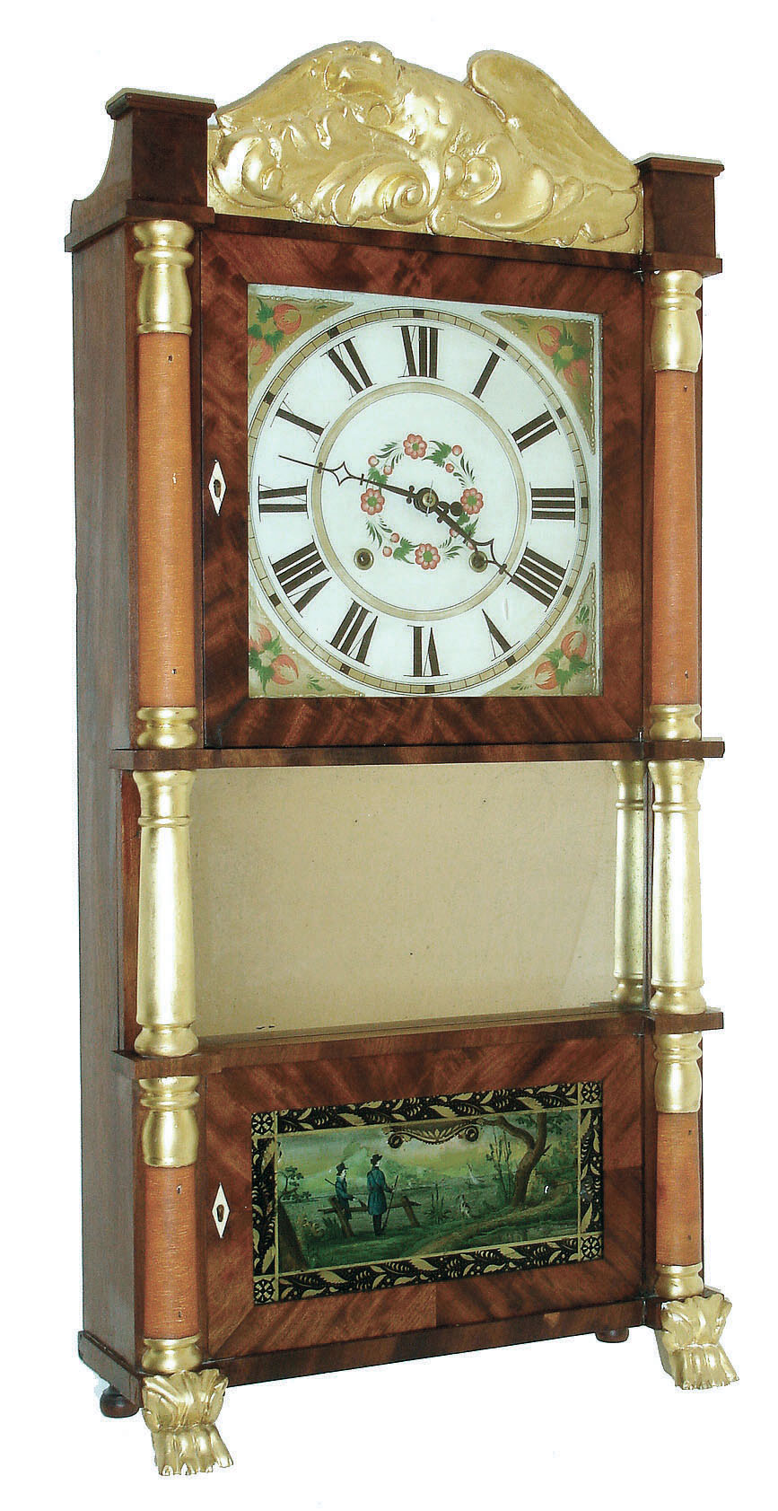 Seymour, Williams, and Porter, Farmington, Conn., 8 days, time and strike weight driven wood movement triple-decker shelf clock with eagle splat, c1832 — Antique Clocks Price Guide